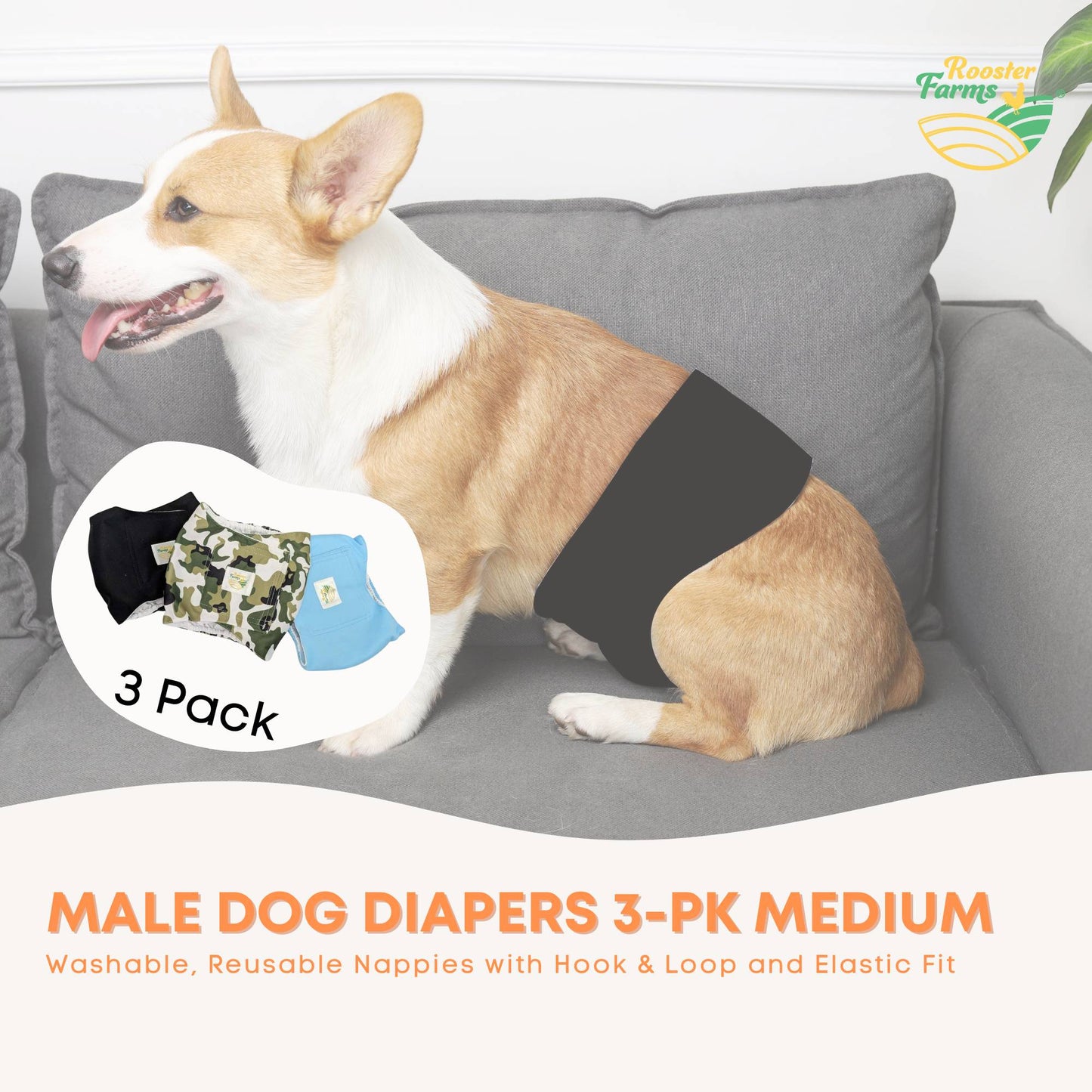 Rooster Farms Male Dog Diapers 3Pk Washable Reusable Nappies Hook + Loop Fit