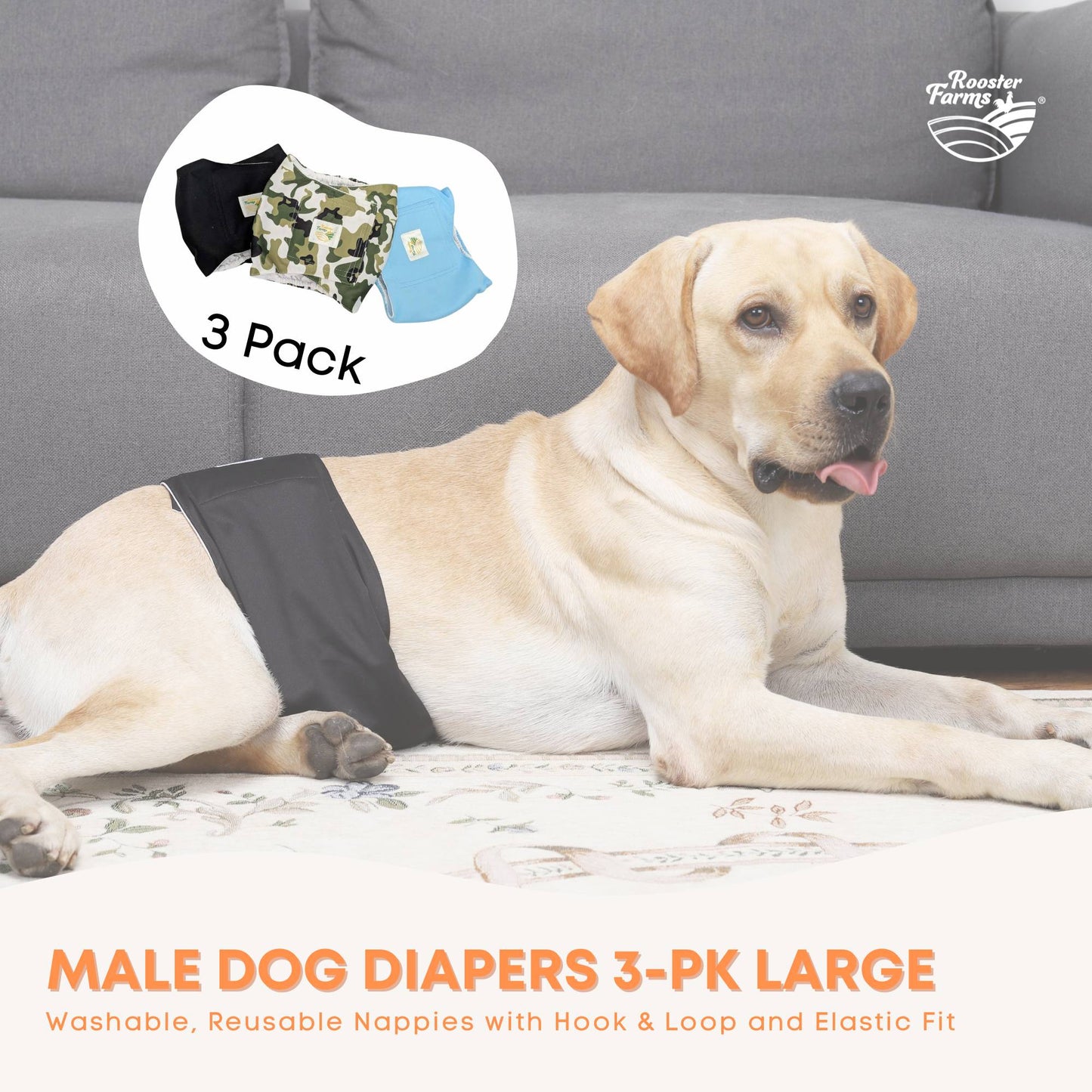 Rooster Farms Male Dog Diapers 3Pk Washable Reusable Nappies Hook + Loop Fit