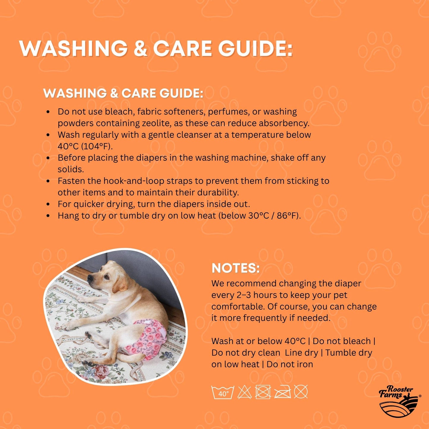 Rooster Farms Male Dog Diapers Large 3Pk - Washable Reusable Nappies Hook/Loop