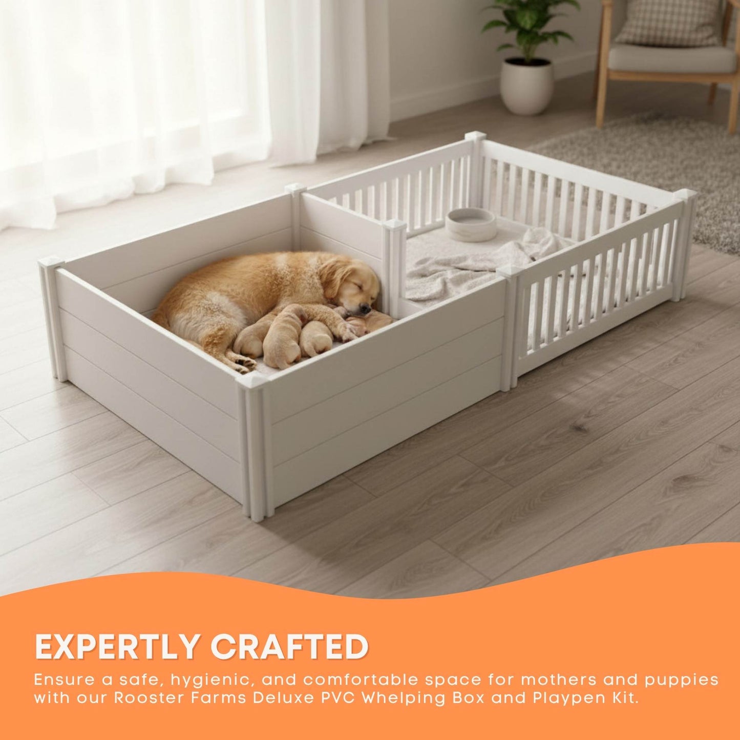 Rooster Farms PVC Dog Whelping Box + Play Pen 1.9m x .95m x 0.48m - Birthing Kit