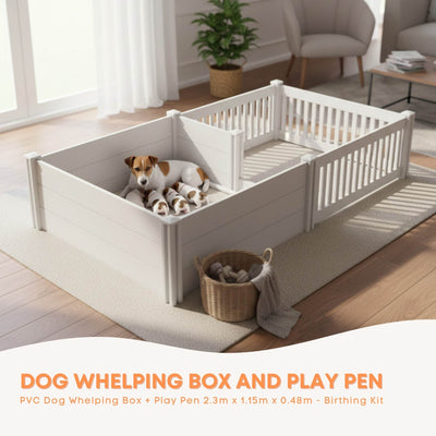 Rooster Farms PVC Dog Whelping Box + Play Pen 2.30m x 1.15m x 0.48m - Birthing Kit