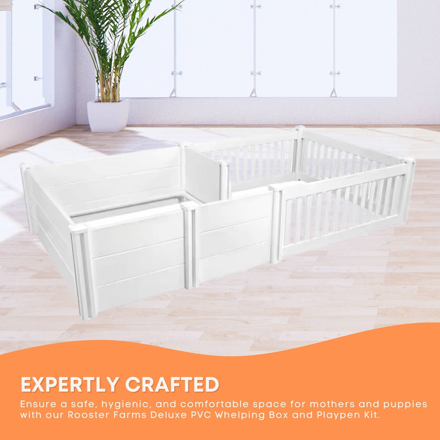 Rooster Farms PVC Dog Whelping Box + Play Pen 2.30m x 1.15m x 0.48m - Birthing Kit