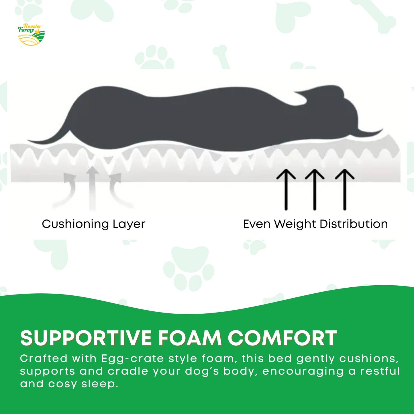 Rooster Farms Supportive Dog Bed XL Grey - Egg Crate Foam Waterproof Mattress