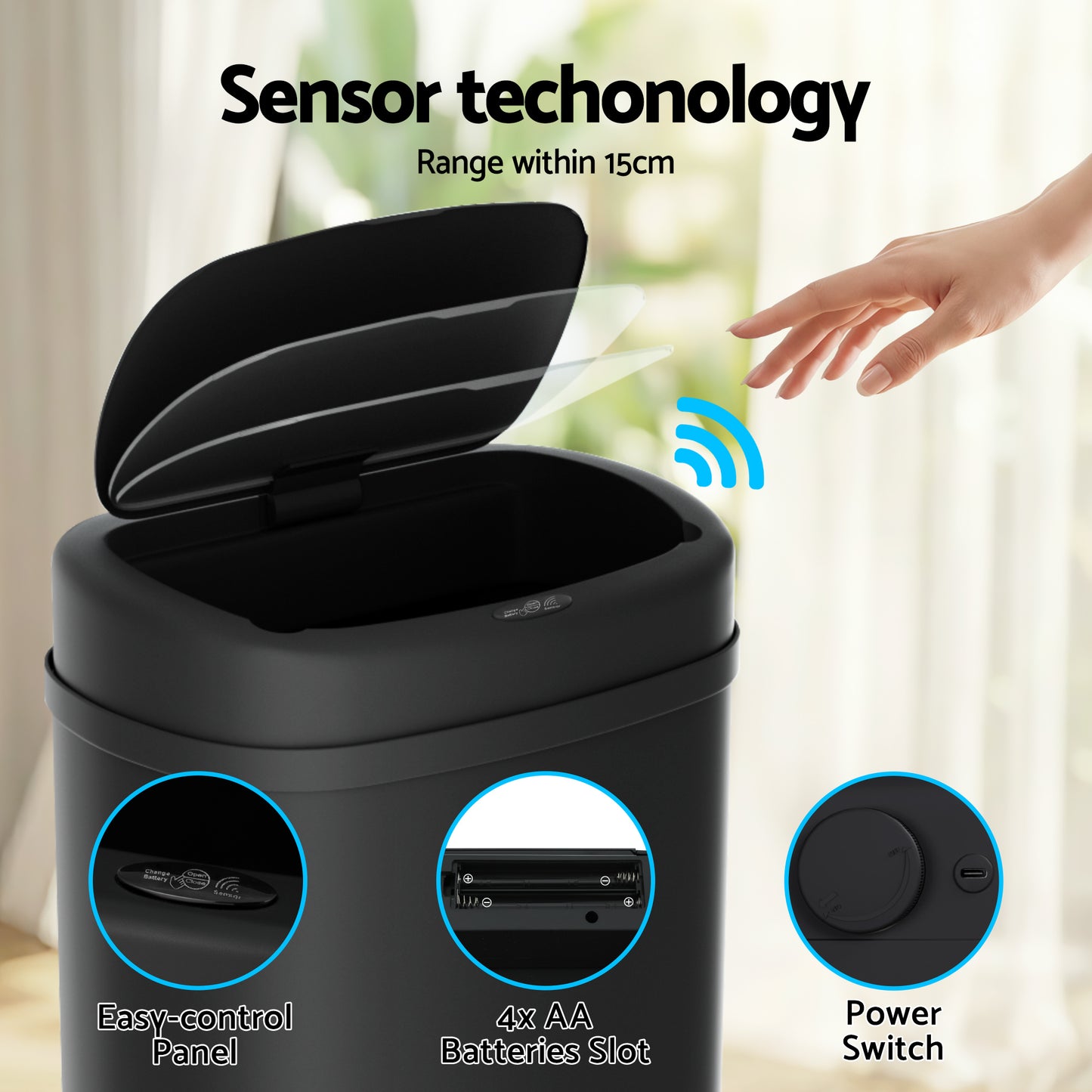 Devanti 50L Sensor Bin Motion Rubbish Automatic Black