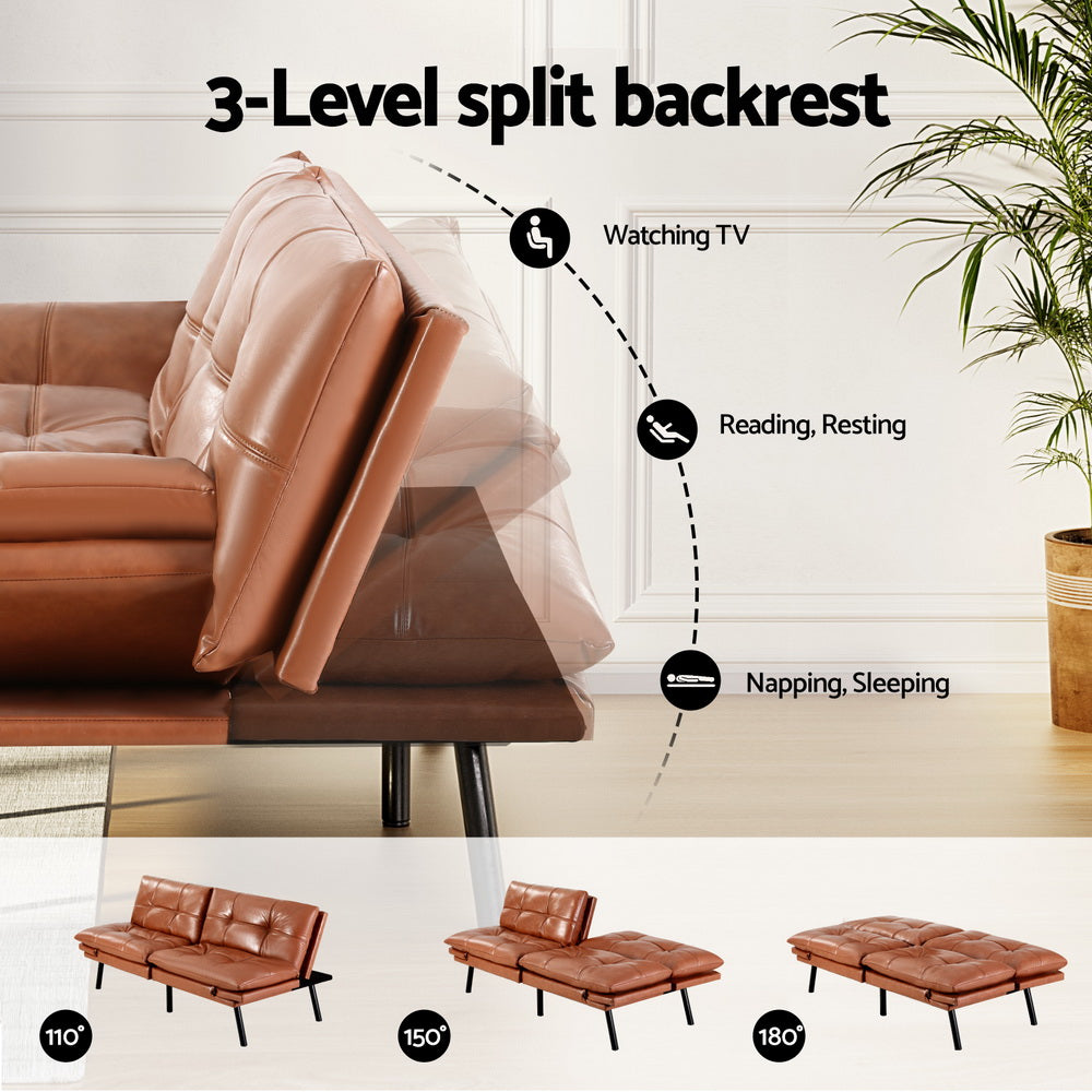 Artiss Sofa Bed Convertible 3 Seater Couch Recliner Lounge Chair Leather Brown