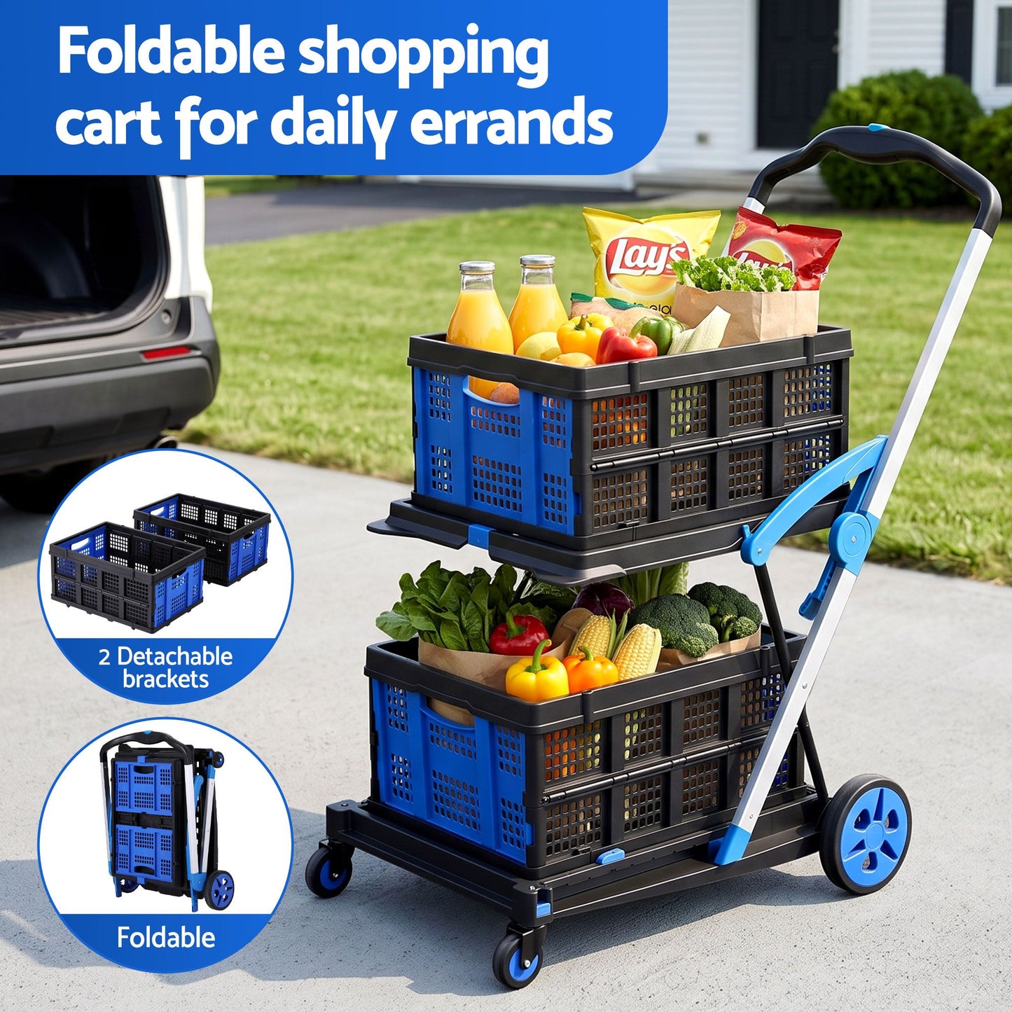 Artiss Shopping Trolley with Wheels 2 Layer w/2 Crates Foldable Trolley Blue