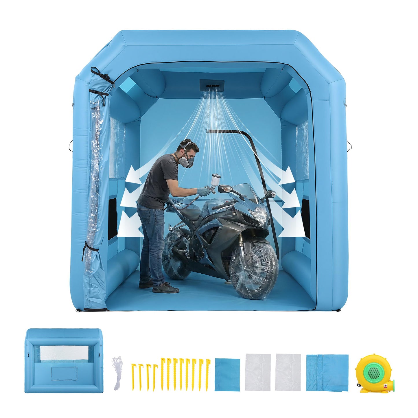 Giantz Inflatable Paint Booth 2.5X2.5X3M Inflatable Spray Booth with 550W Powerful Blower and Air Filter System, Round Roof with Light Hook, for Painting Bicycle, Motorcycle, Furniture Refinishing DIY