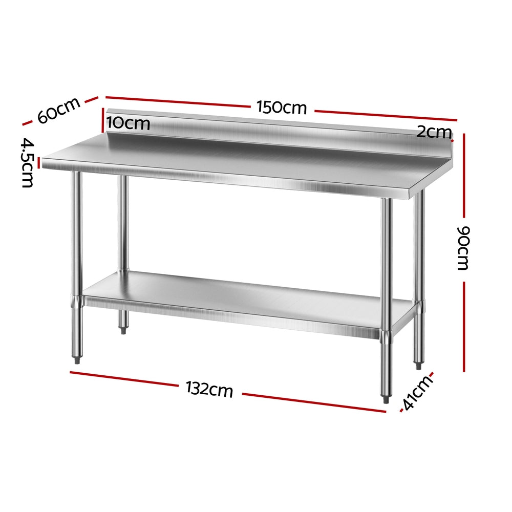 Cefito Stainless Steel Kitchen Bench w/ Splashback 1500x600MM 430
