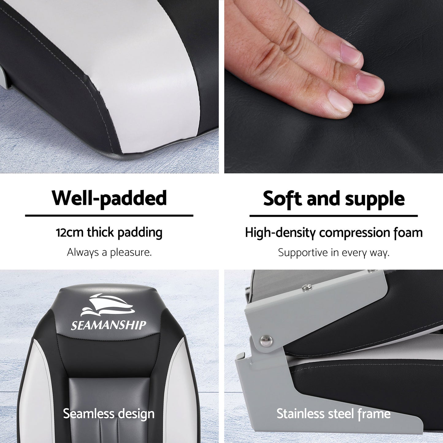 Seamanship 2X Folding Boat Seats with 2X Adjustable Pedestals 34–46cm Marine Seat Swivel High Back 12cm Padding Black