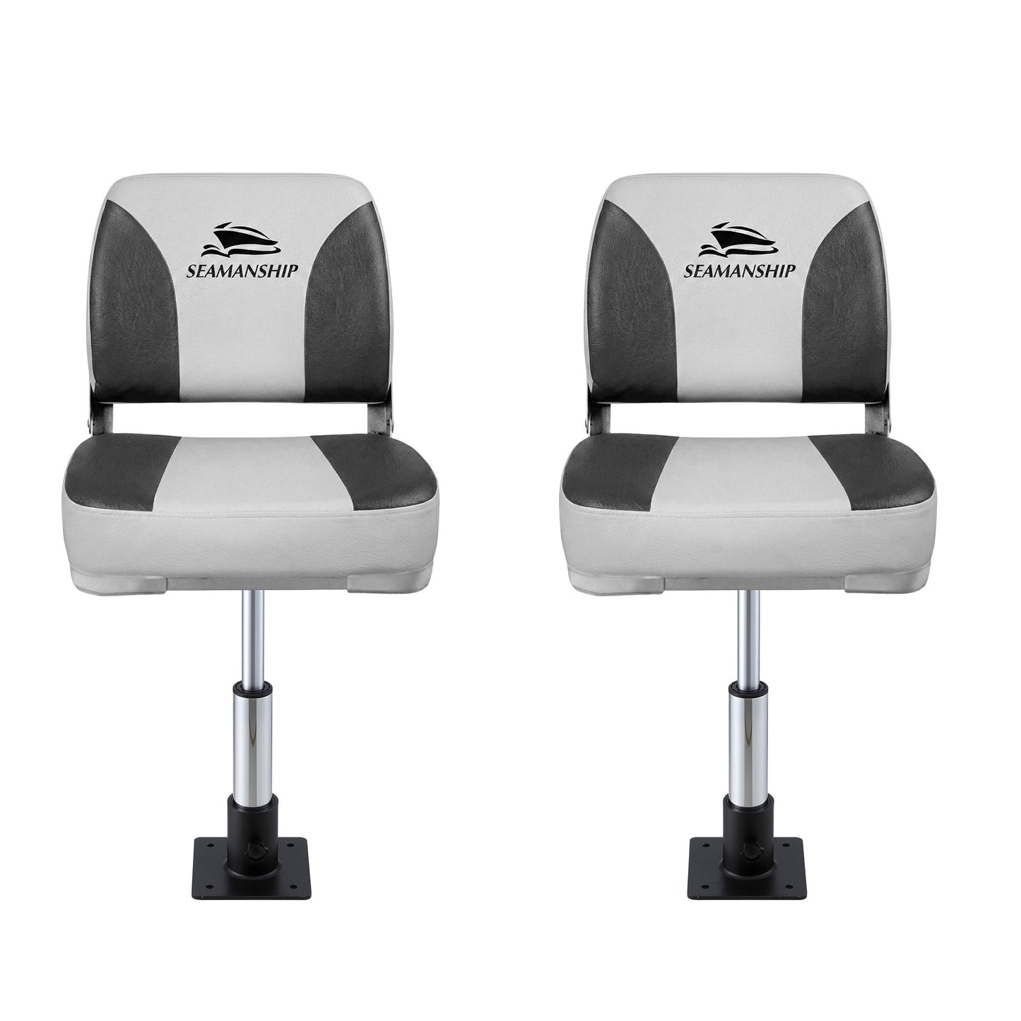 Seamanship 2X Folding Boat Seats with 2X Adjustable Pedestals 34–46cm Marine Swivel Low Back 13cm Padding Charcoal