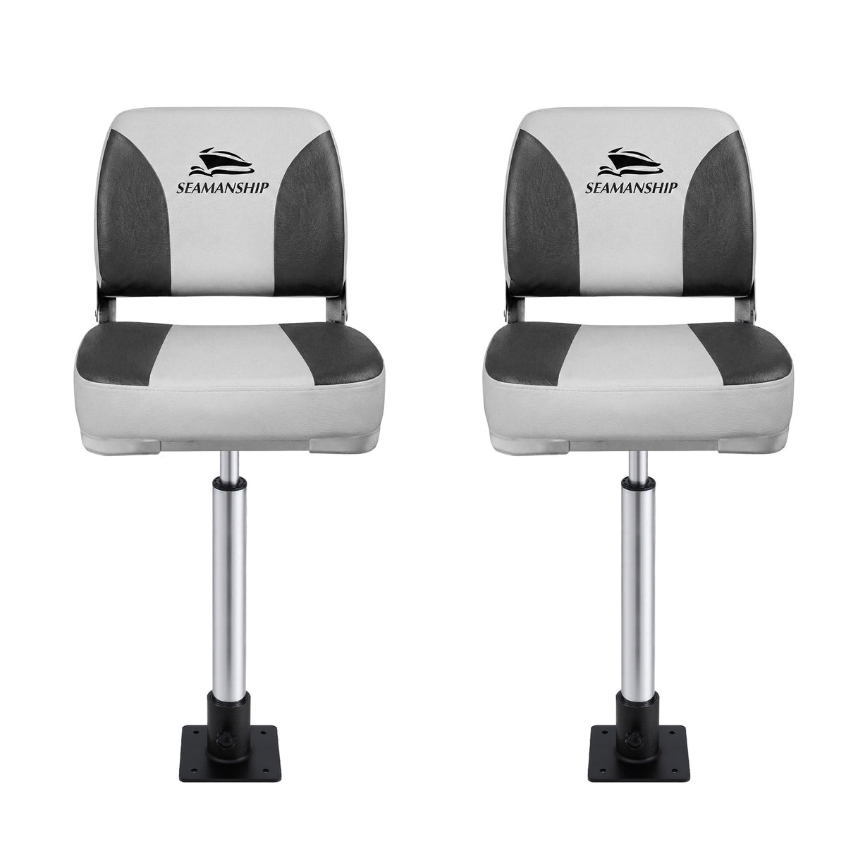 Seamanship 2X Folding Boat Seats with 2X Adjustable Pedestals 55–75cm Marine Swivel Low Back 13cm Padding Charcoal