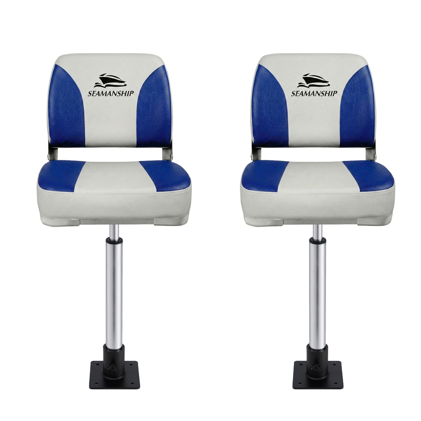 Seamanship 2X Folding Boat Seats with 2X Adjustable Pedestals 55–75cm Marine Swivel Low Back 13cm Padding White Blue