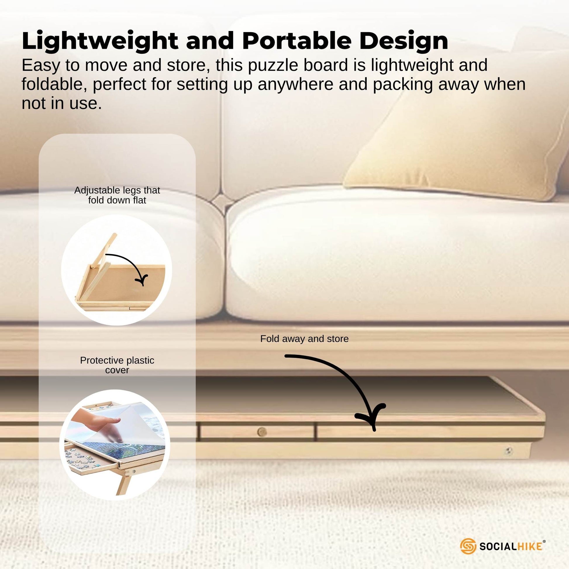 Social Hike 1500pcs Puzzle Board Table 6 Drawer with Cover - Wooden Folding Legs