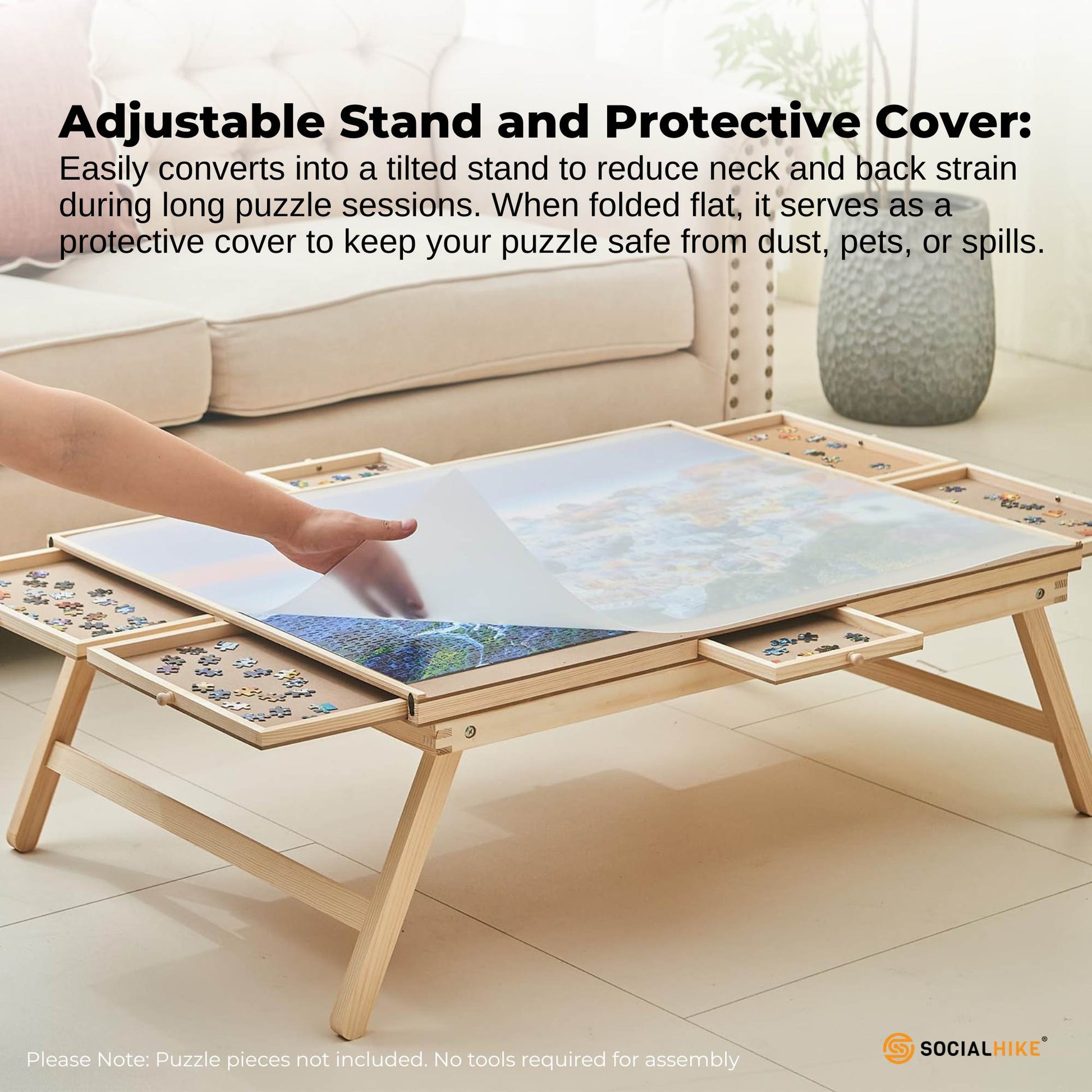 Social Hike 1500pcs Puzzle Board Table 6 Drawer with Cover - Wooden Folding Legs