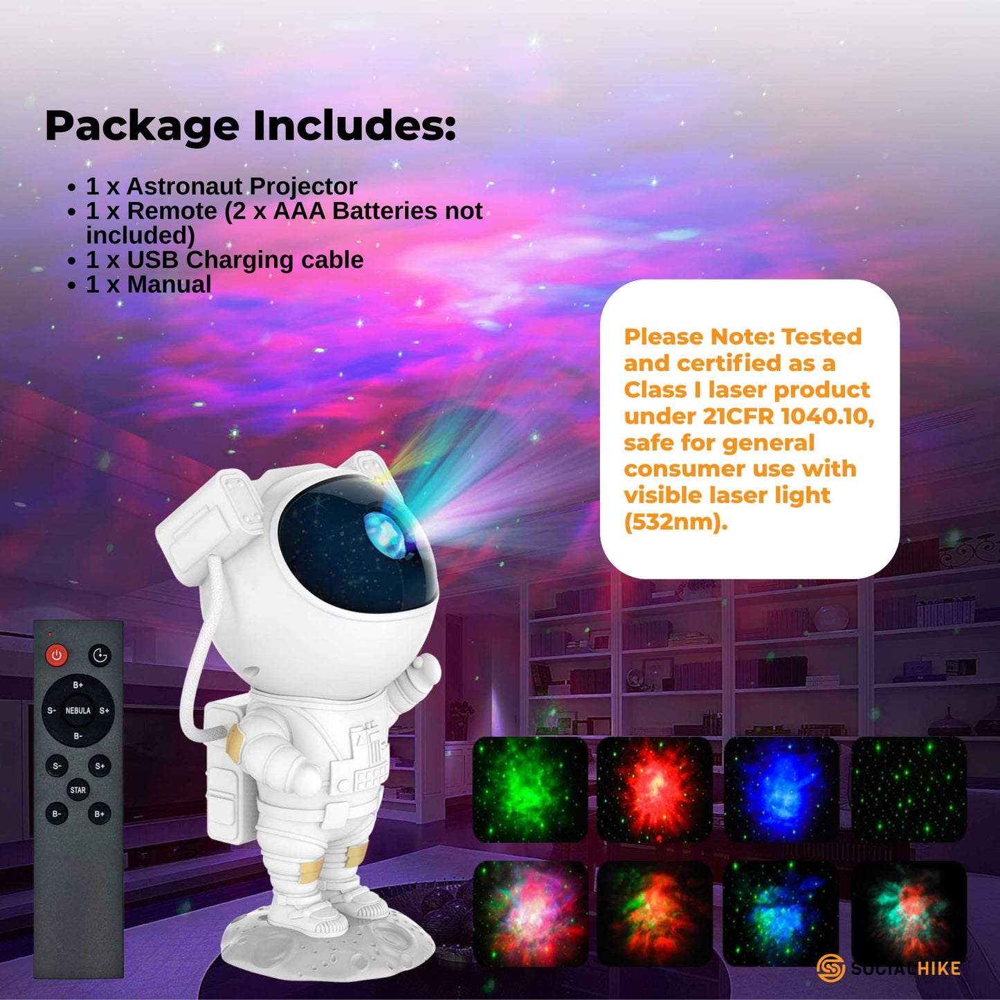 Social Hike Galaxy Star Projector - Colour LED Astronaut Night Light and Remote