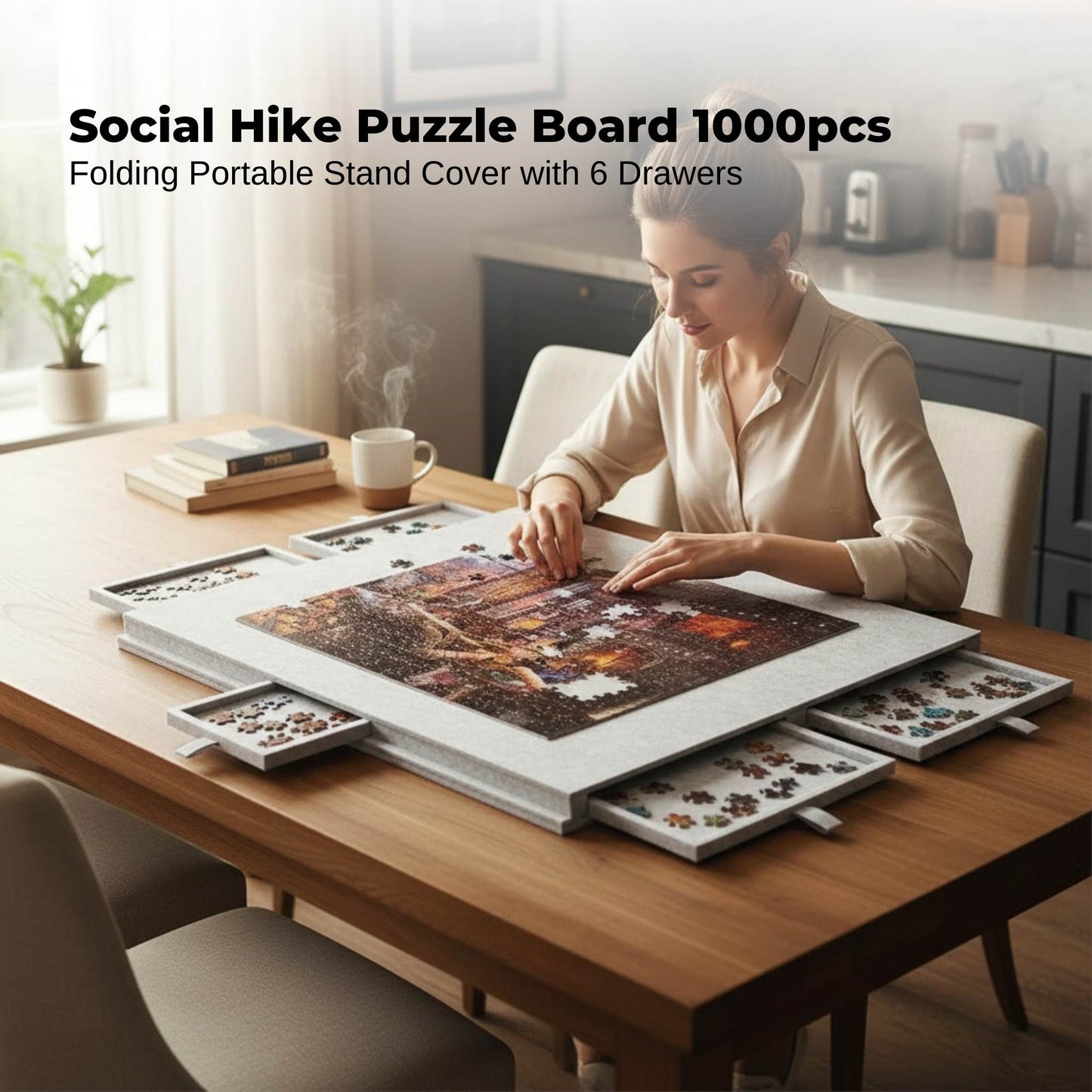 Social Hike Puzzle Board 1000 pcs - Felt Tilting Portable Cover + Drawers Silver