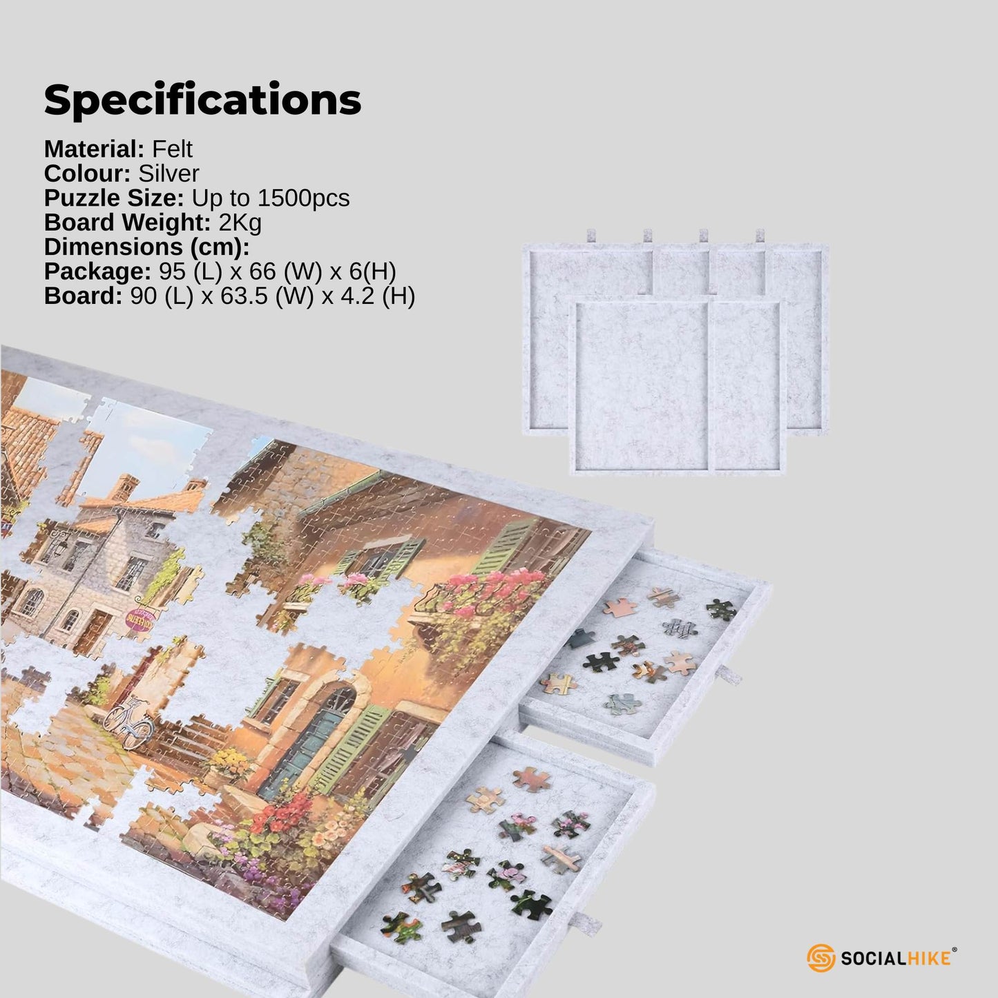 Social Hike Puzzle Board 1500 pcs - Felt Tilting Portable Cover + Drawers Silver