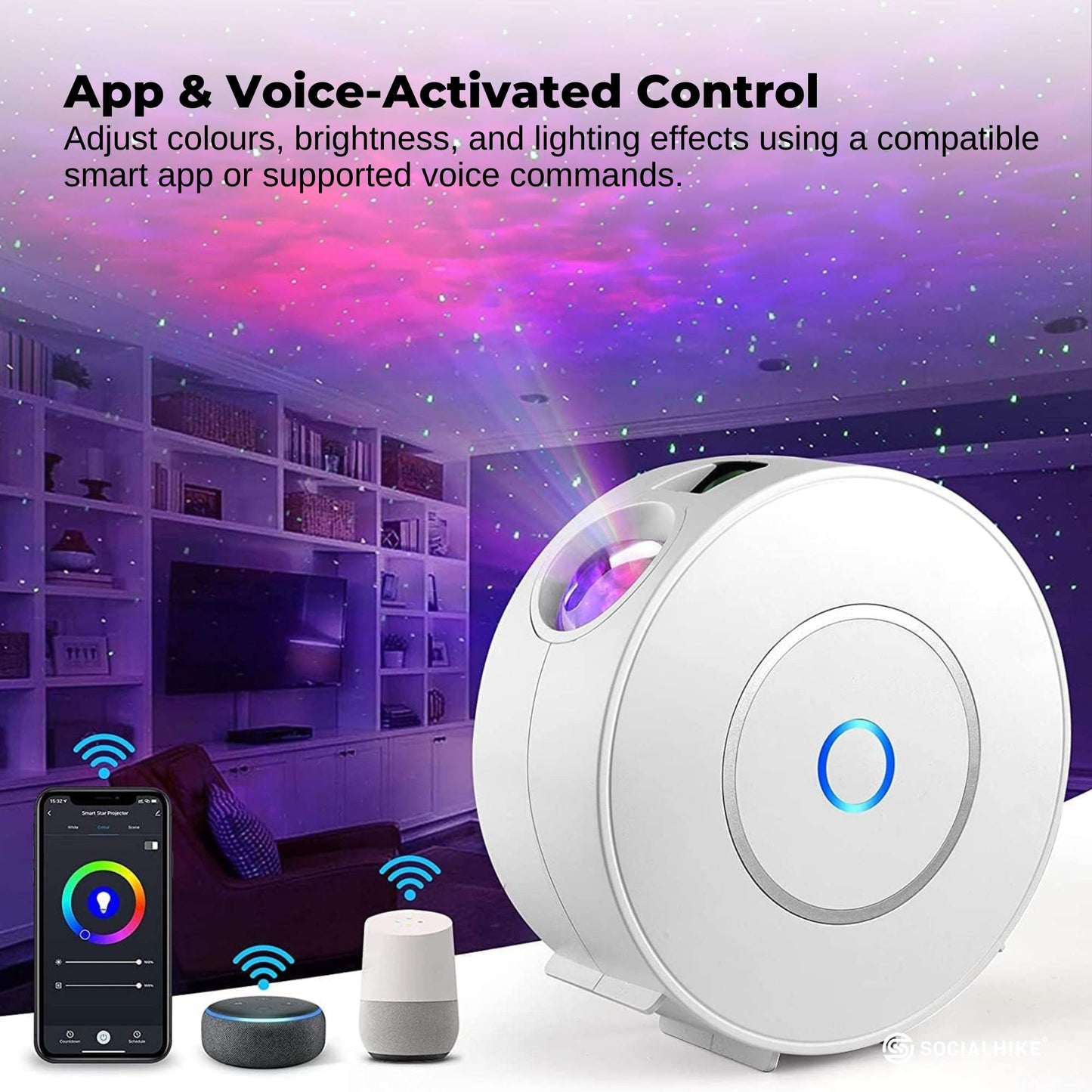 Social Hike Smart Galaxy Star Projector – WiFi LED Light App Voice Control White