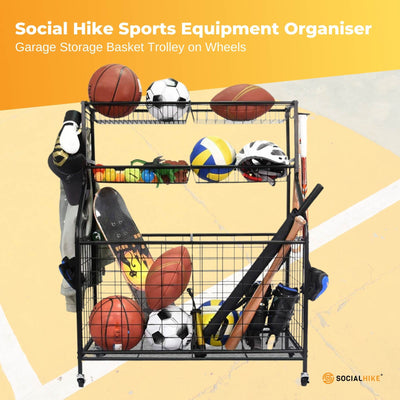 Social Hike Sports Equipment Storage Organiser Trolley on Wheels - Garage Basket