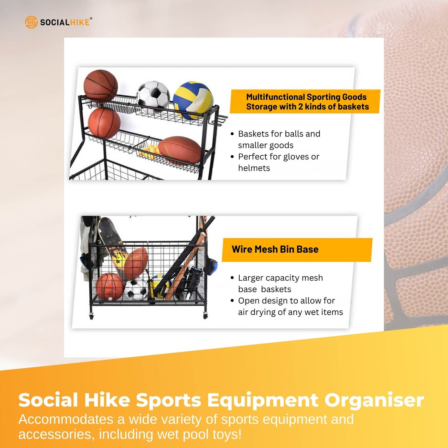 Social Hike Sports Equipment Storage Organiser Trolley on Wheels - Garage Basket