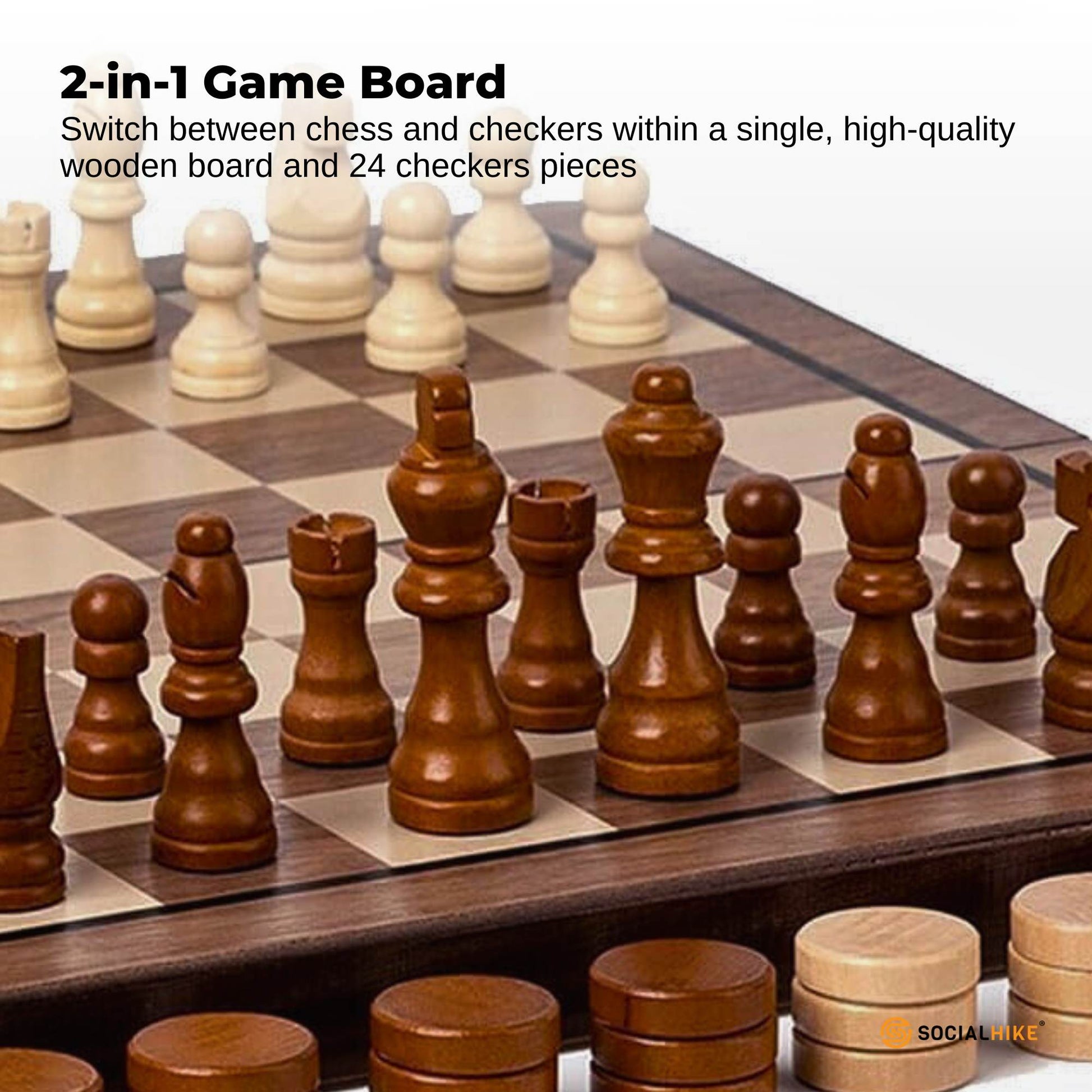 Social Hike Wooden Chess & Checkers 2 in 1 – Magnetic Travel Foldable Board Game