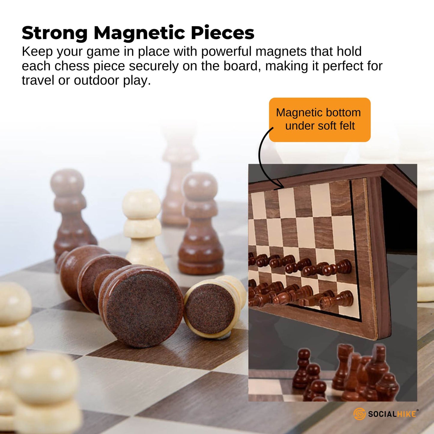 Social Hike Wooden Chess & Checkers 2 in 1 – Magnetic Travel Foldable Board Game