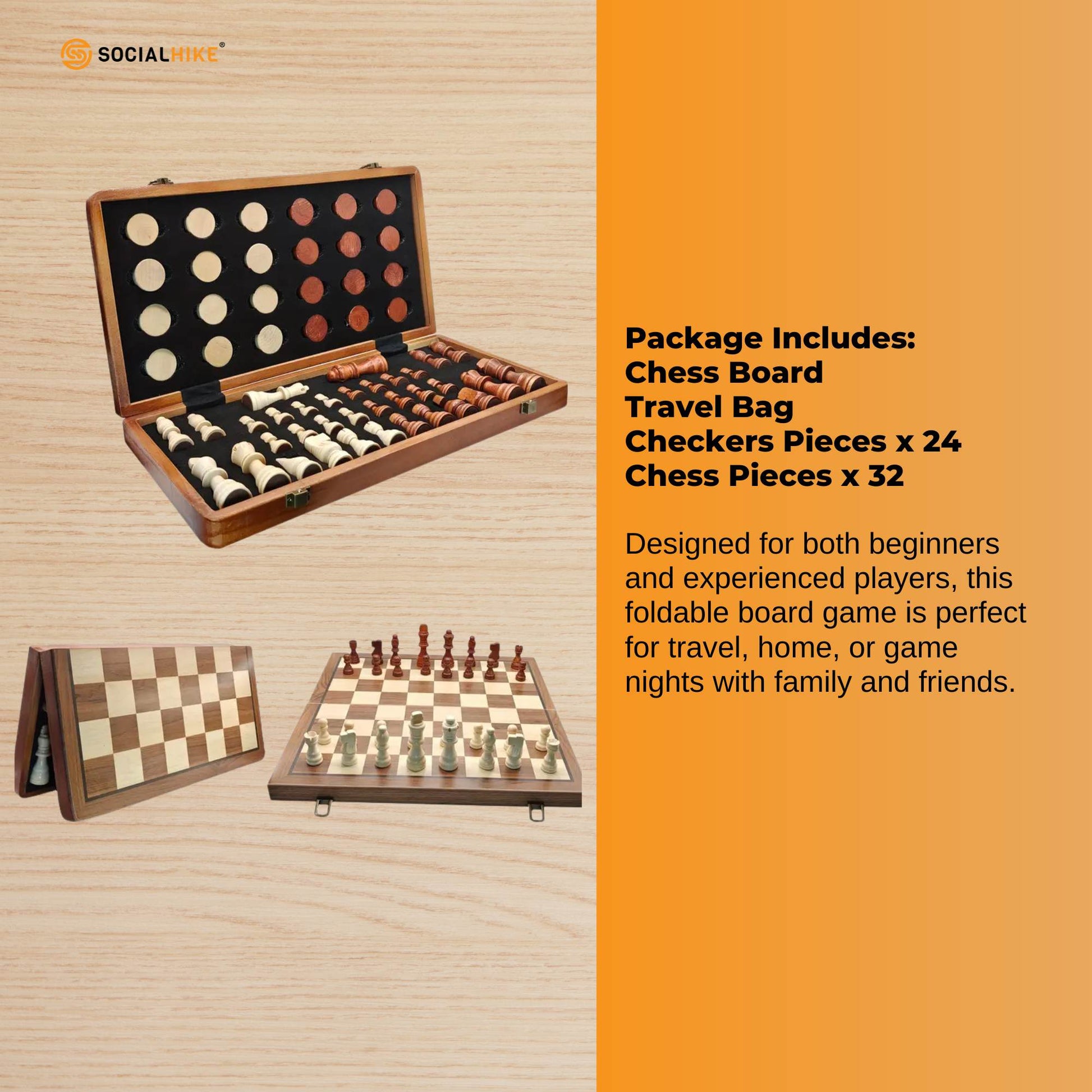 Social Hike Wooden Chess & Checkers 2 in 1 – Magnetic Travel Foldable Board Game