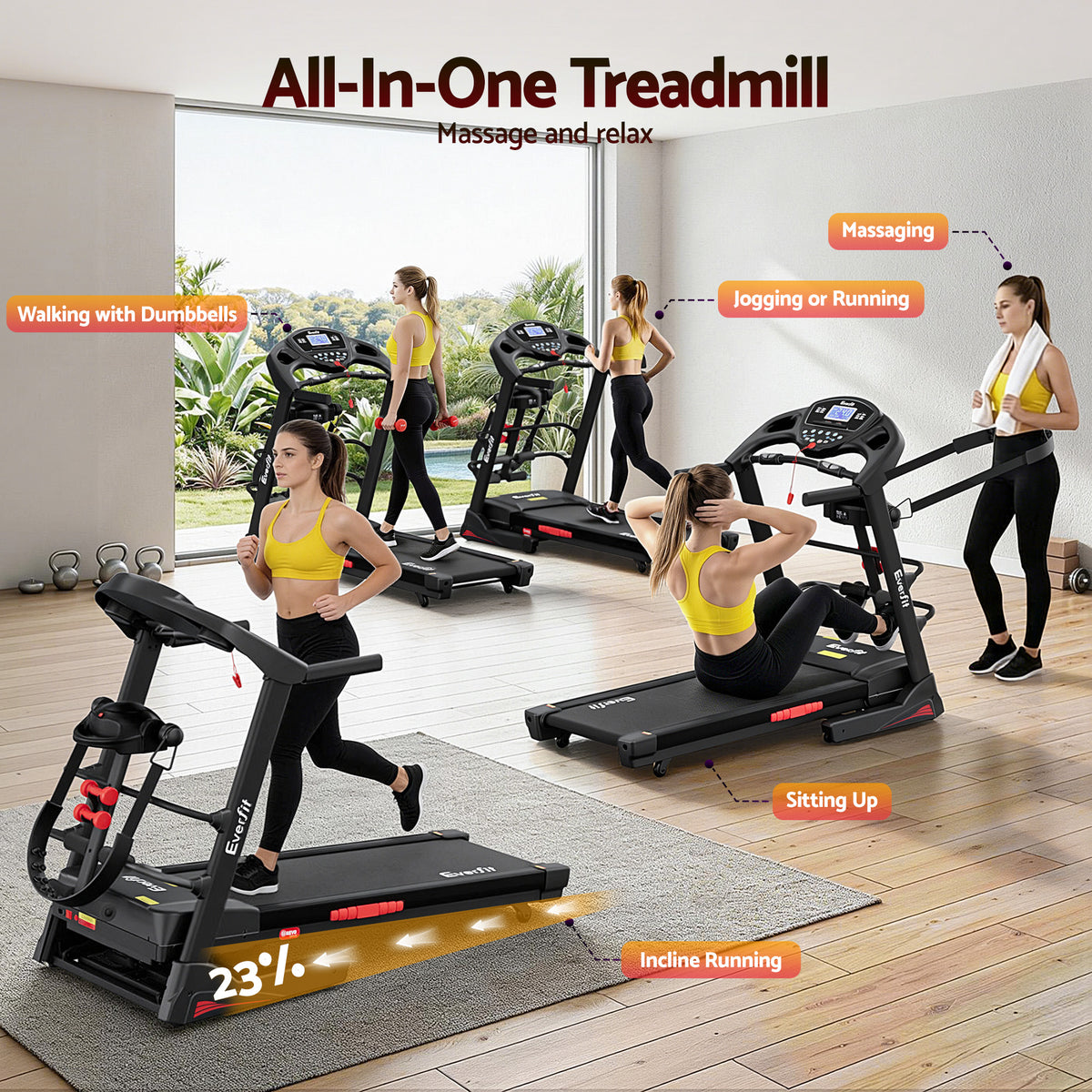 Everfit Treadmill Electric Home Gym Fitness Exercise Machine w/ Massager 480mm