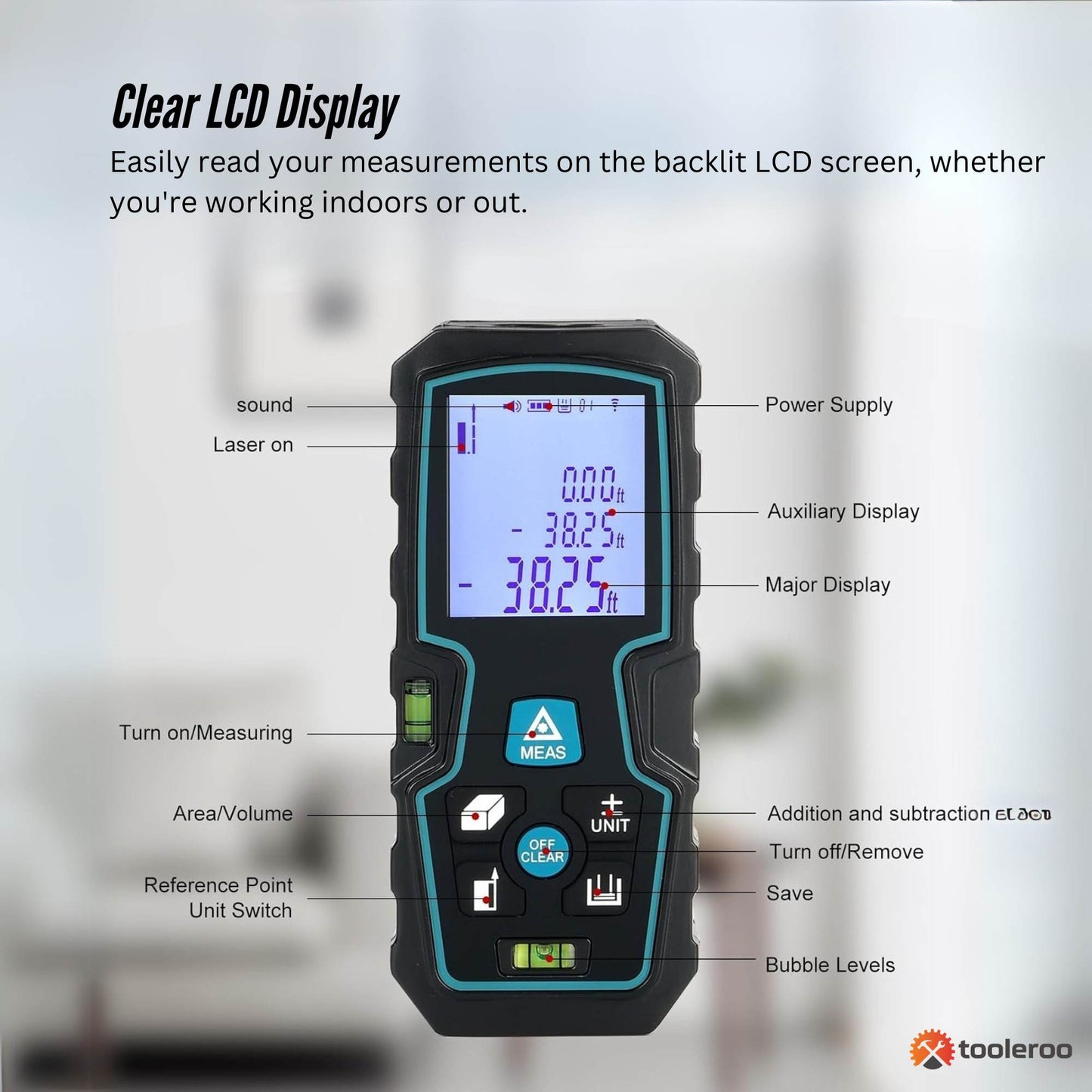 Tooleroo 40m Digital Laser Distance Measurer - LCD Area Volume Meter Tool