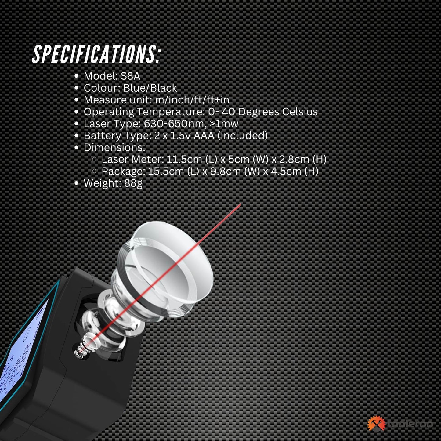 Tooleroo 40m Digital Laser Distance Measurer - LCD Area Volume Meter Tool