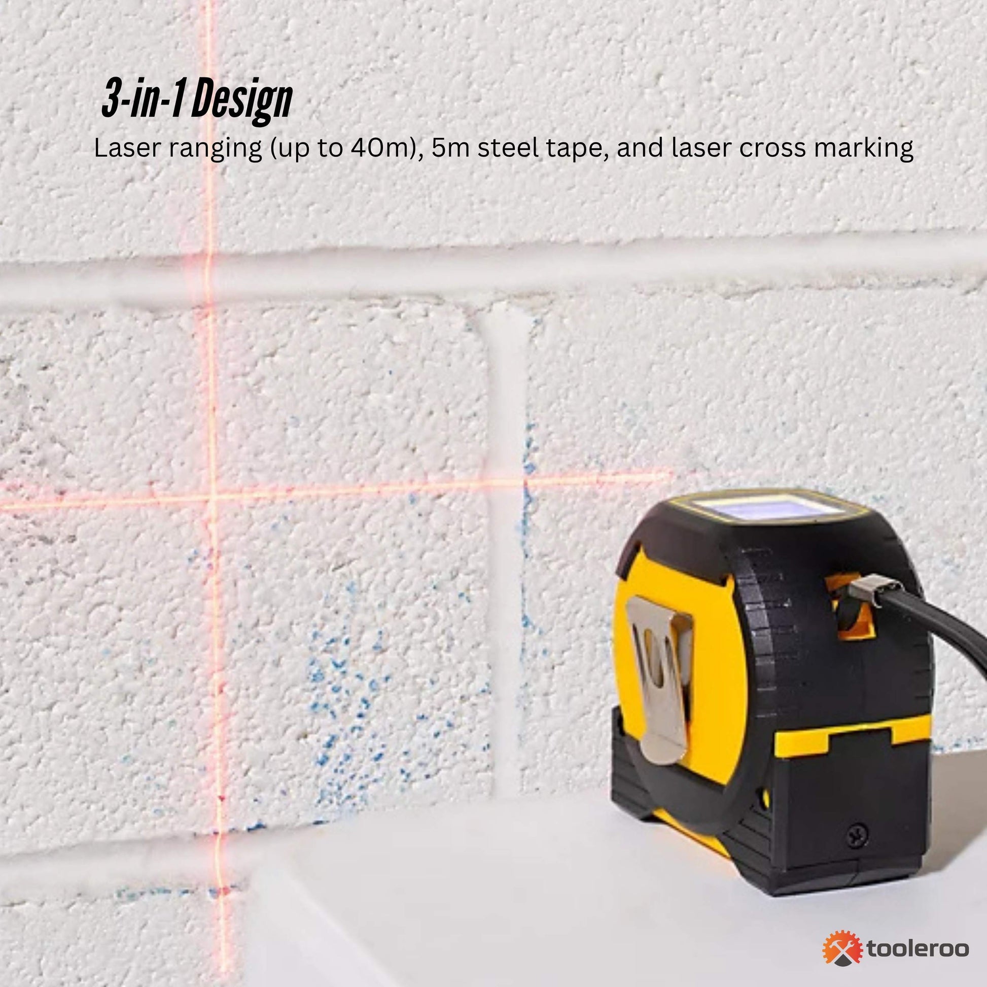 Tooleroo 40m Digital Laser Tape Measure + 5m Steel Tape – 3-in-1 Cross Marking