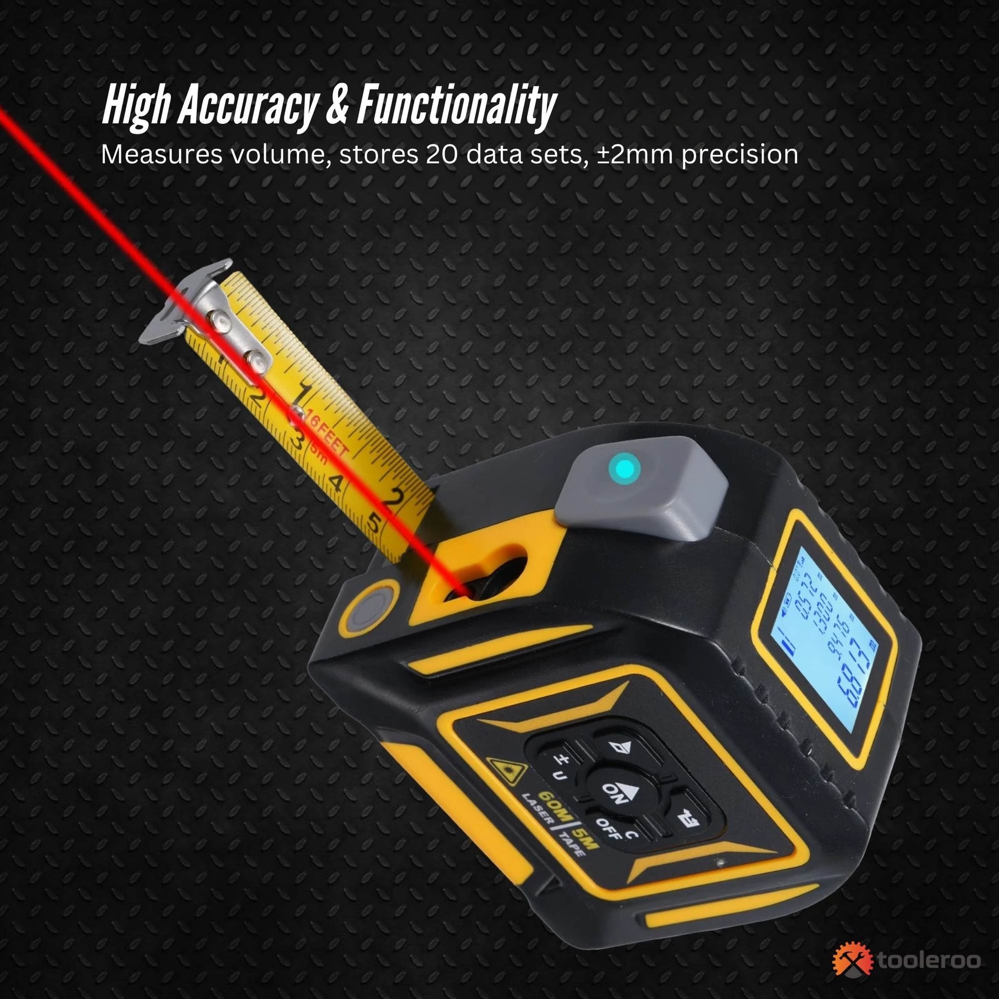 Tooleroo 60m Digital Laser Tape Measure + 5m Steel Tape – 3-in-1 Cross Marking