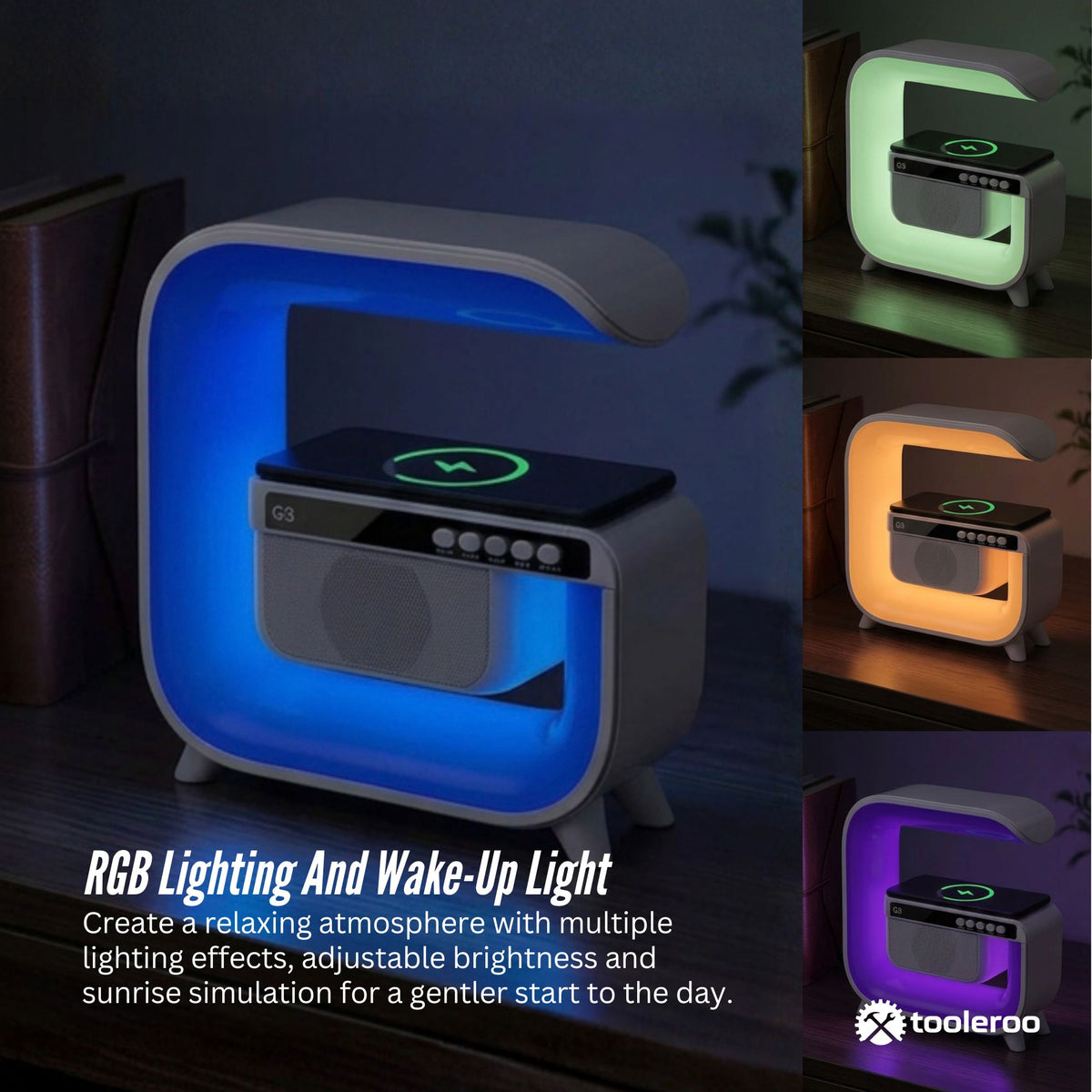 Tooleroo Bluetooth Speaker Wireless Charging Alarm Clock RGB LED Light