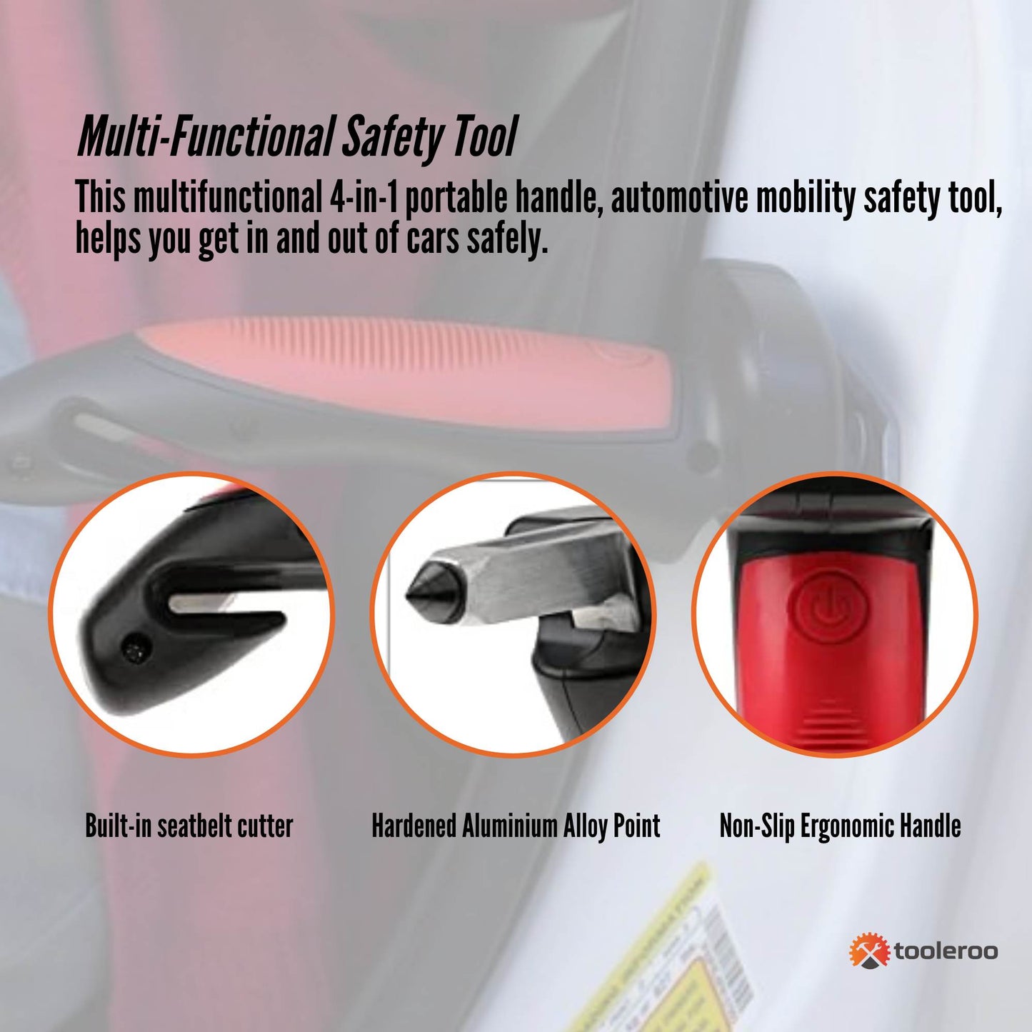 Tooleroo Car Cane Door Handle - Portable Elderly Stand Aid LED Light Hammer Bulk