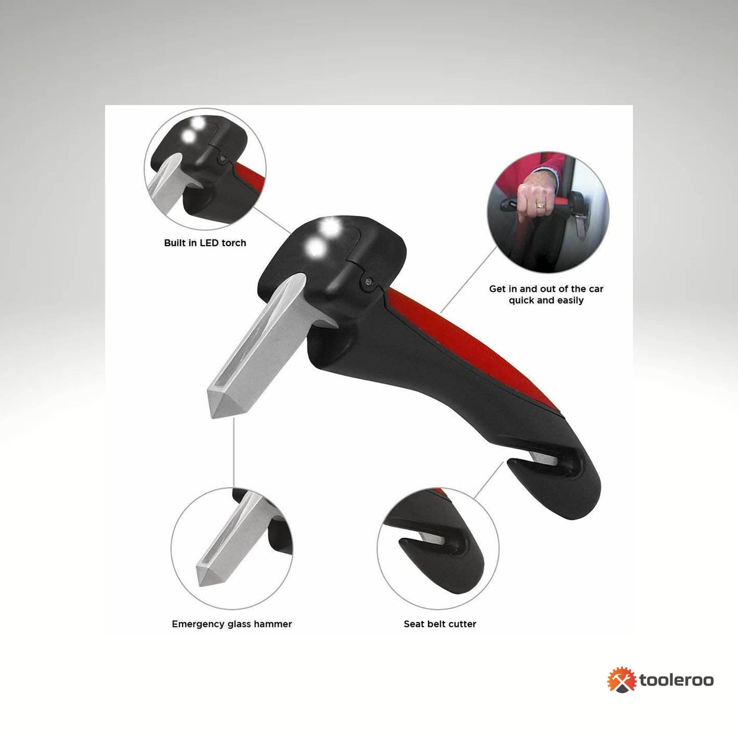 Tooleroo Car Cane Door Handle - Portable Elderly Stand Aid LED Light Hammer