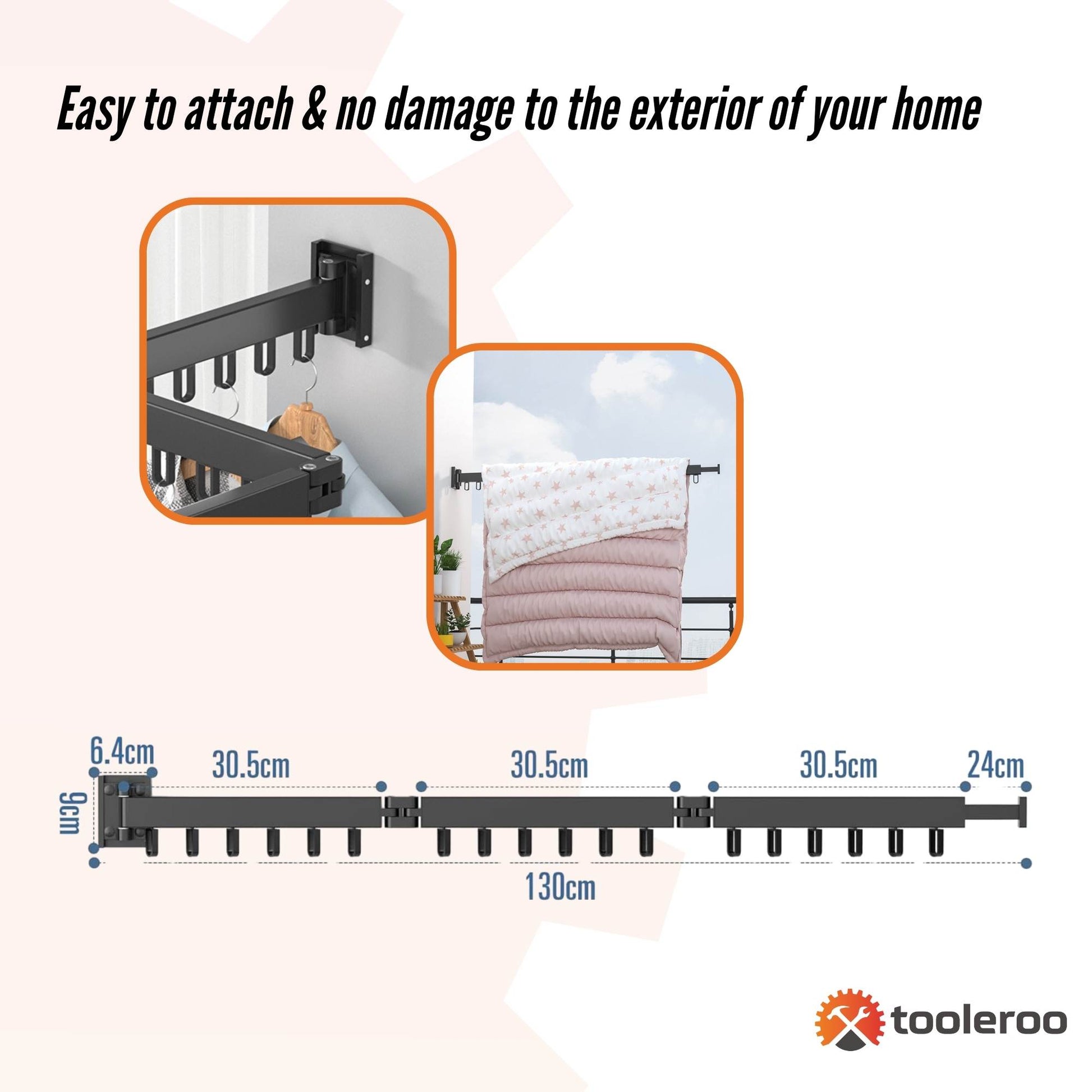 Tooleroo Clothes Drying Rack Tri-Fold Wall-Mount Space-Saving Laundry Hanger