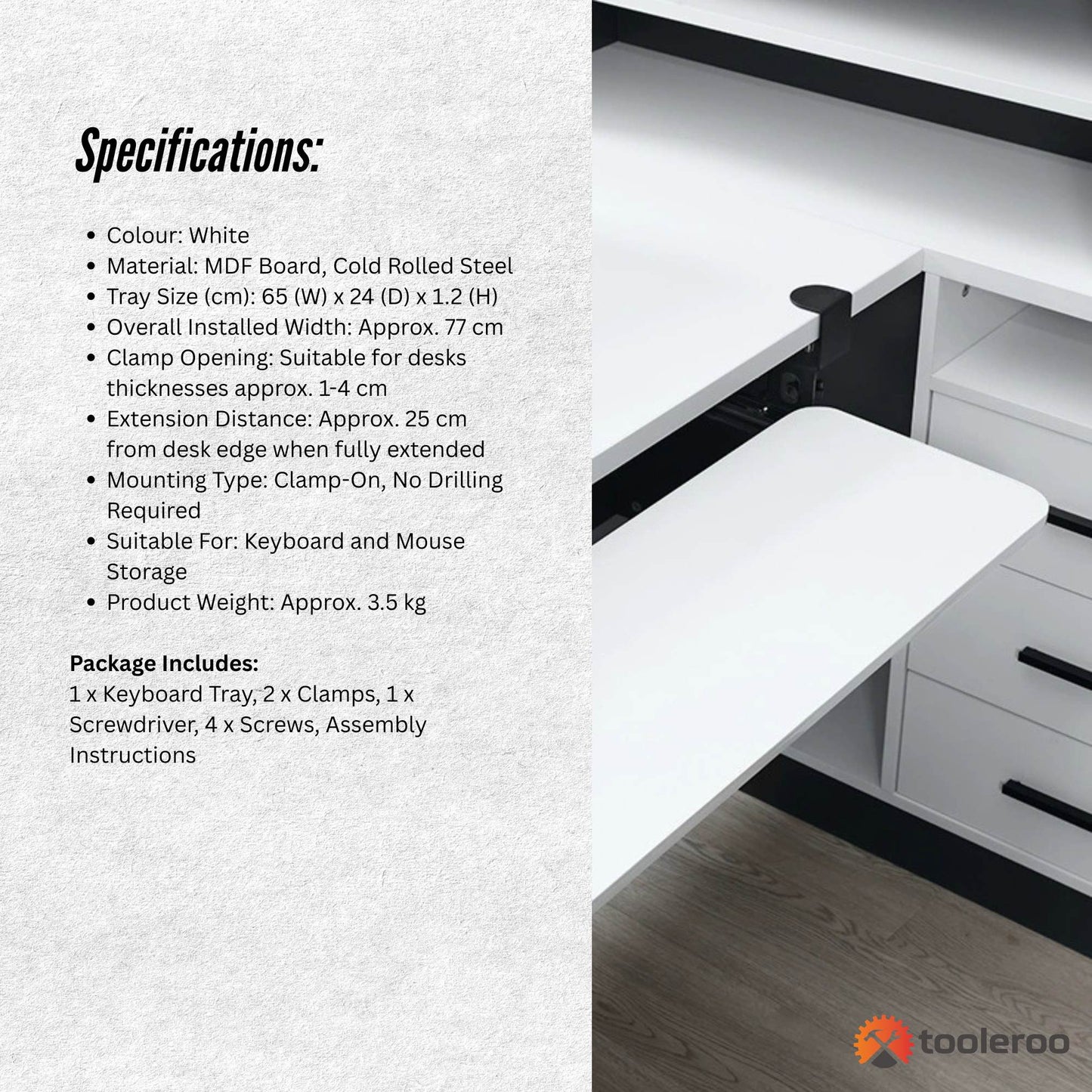 Tooleroo Computer Keyboard Tray Under Desk Clamp On Pull Out 65cm - White