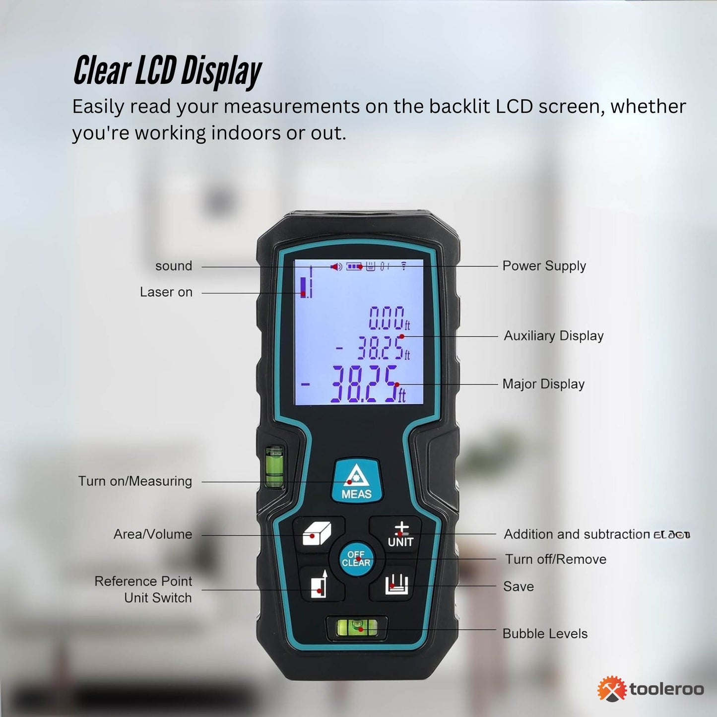 Tooleroo Digital Laser Distance Measurer - LCD Area Volume Meter Tool