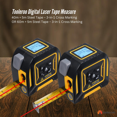 Tooleroo Digital Laser Tape Measure+ 5m Steel Tape – 3-in-1 Cross Marking