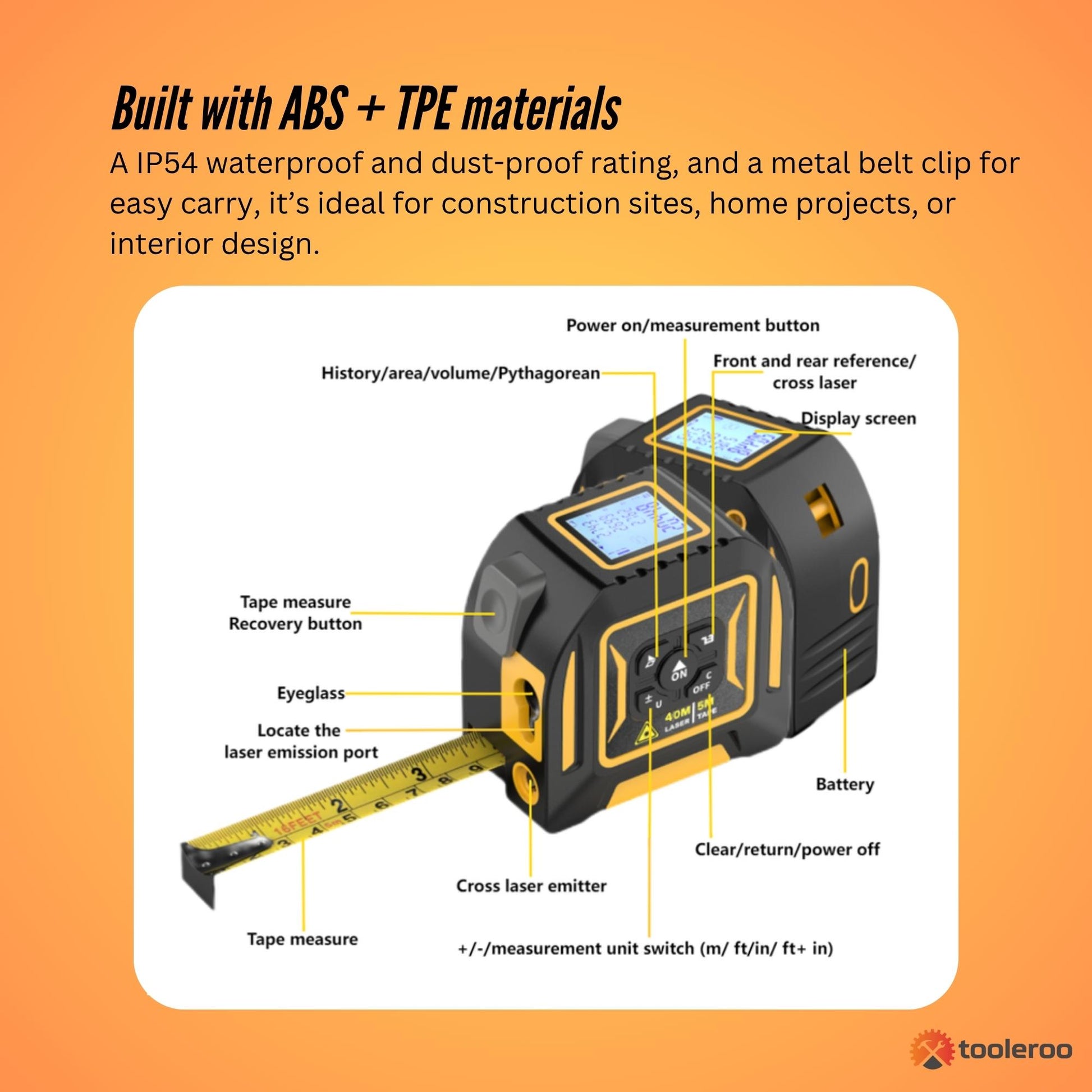 Tooleroo Digital Laser Tape Measure+ 5m Steel Tape – 3-in-1 Cross Marking