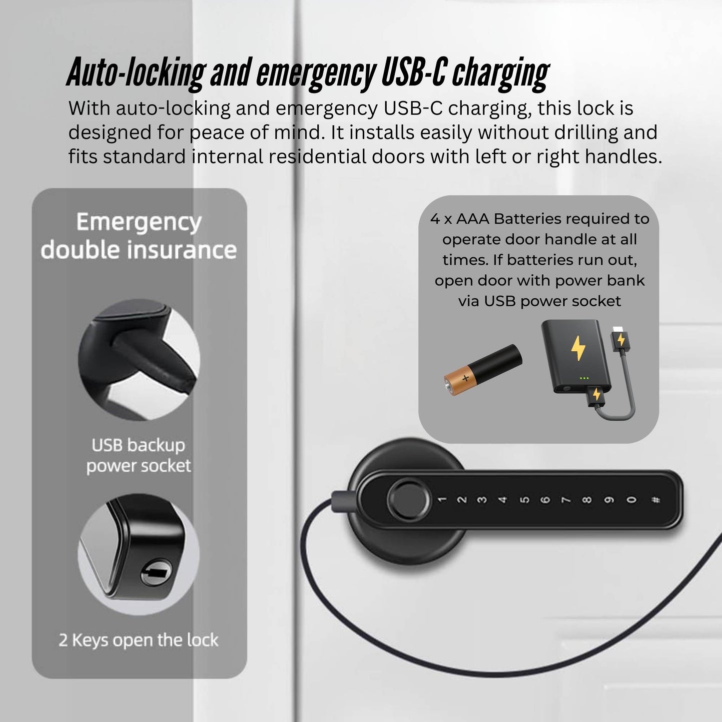 Tooleroo Digital Smart Door Lock Handle - 5in1 Keypad Home Entry Security System