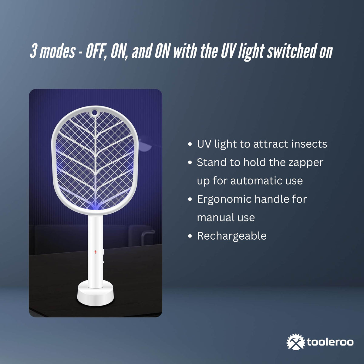 Tooleroo Electric Fly Swatter 2in1 Rechargeable Bug Mosquito Zapper Racket