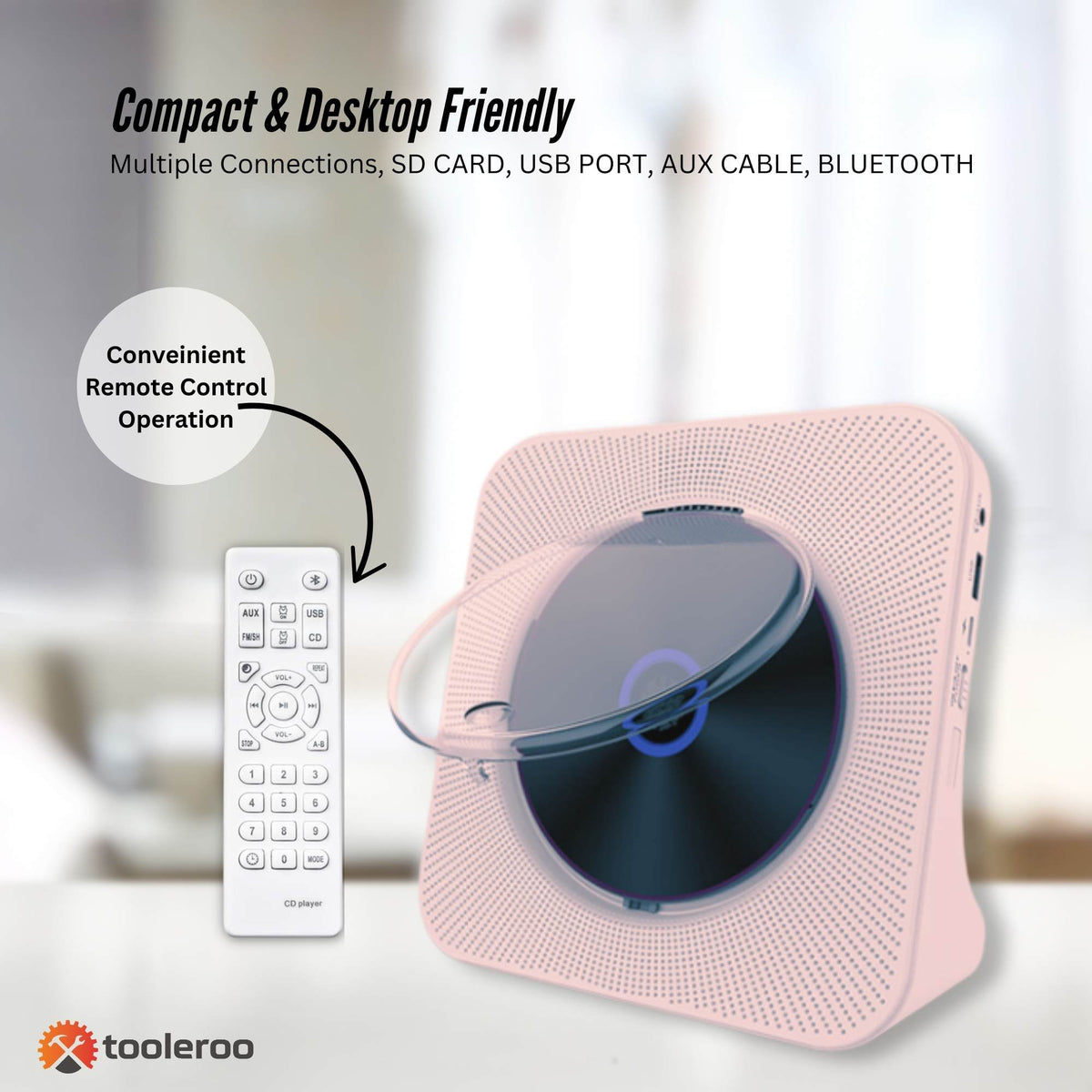 Tooleroo Portable CD Player Bluetooth FM Radio USB Rechargeable Pink