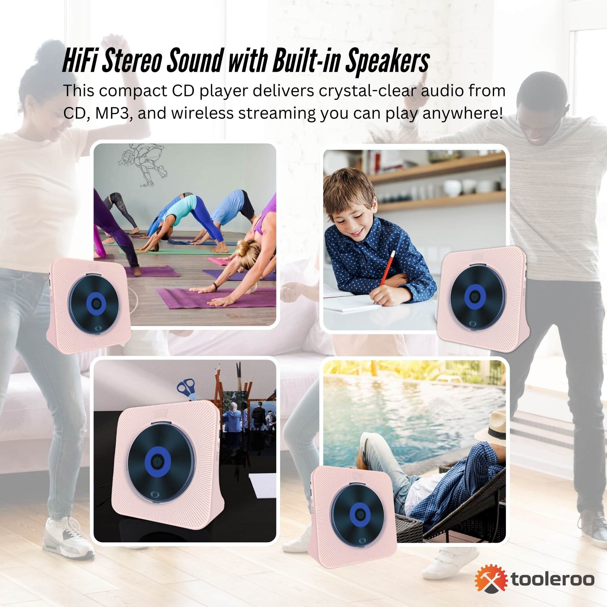 Tooleroo USB Rechargeable Desktop CD Player Speaker – Bluetooth Portable Pink