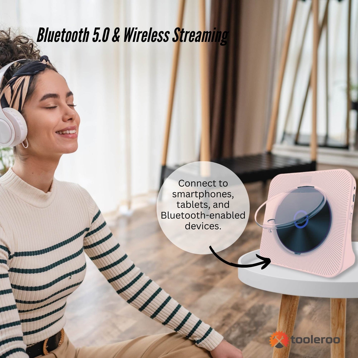 Tooleroo USB Rechargeable Desktop CD Player Speaker – Bluetooth Portable Pink