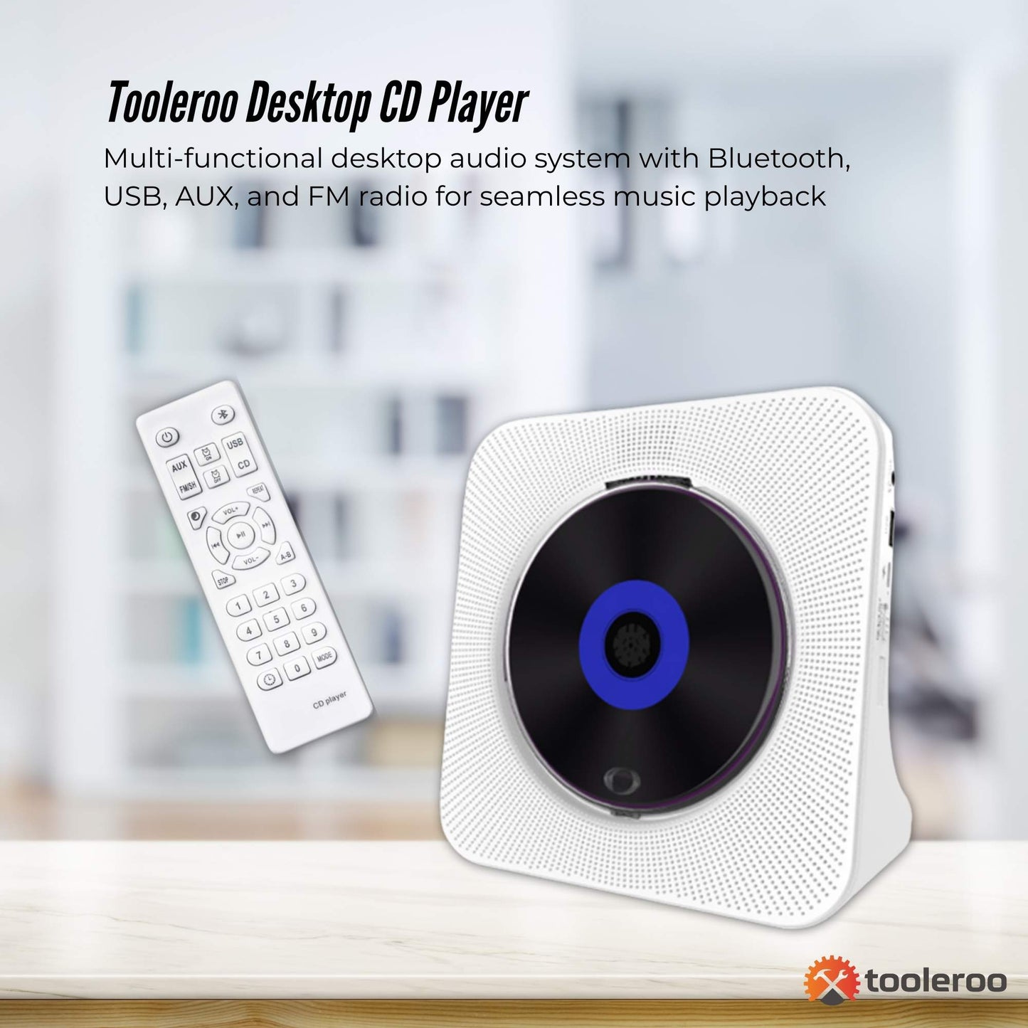 Tooleroo USB Rechargeable Desktop CD Player Speaker – Bluetooth Portable White