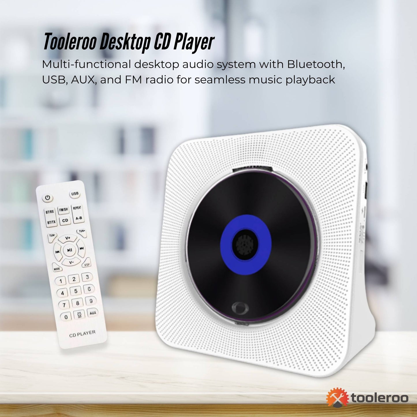 Tooleroo USB Rechargeable Desktop CD Player Speaker – Bluetooth Portable White