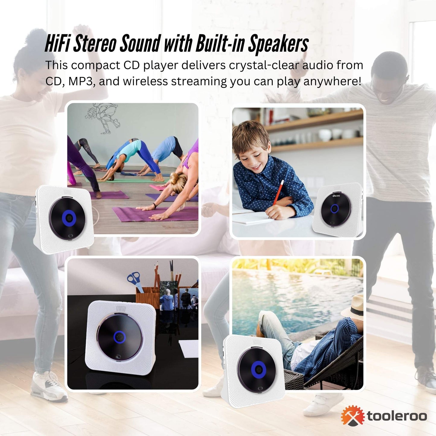 Tooleroo USB Rechargeable Desktop CD Player Speaker – Bluetooth Portable White