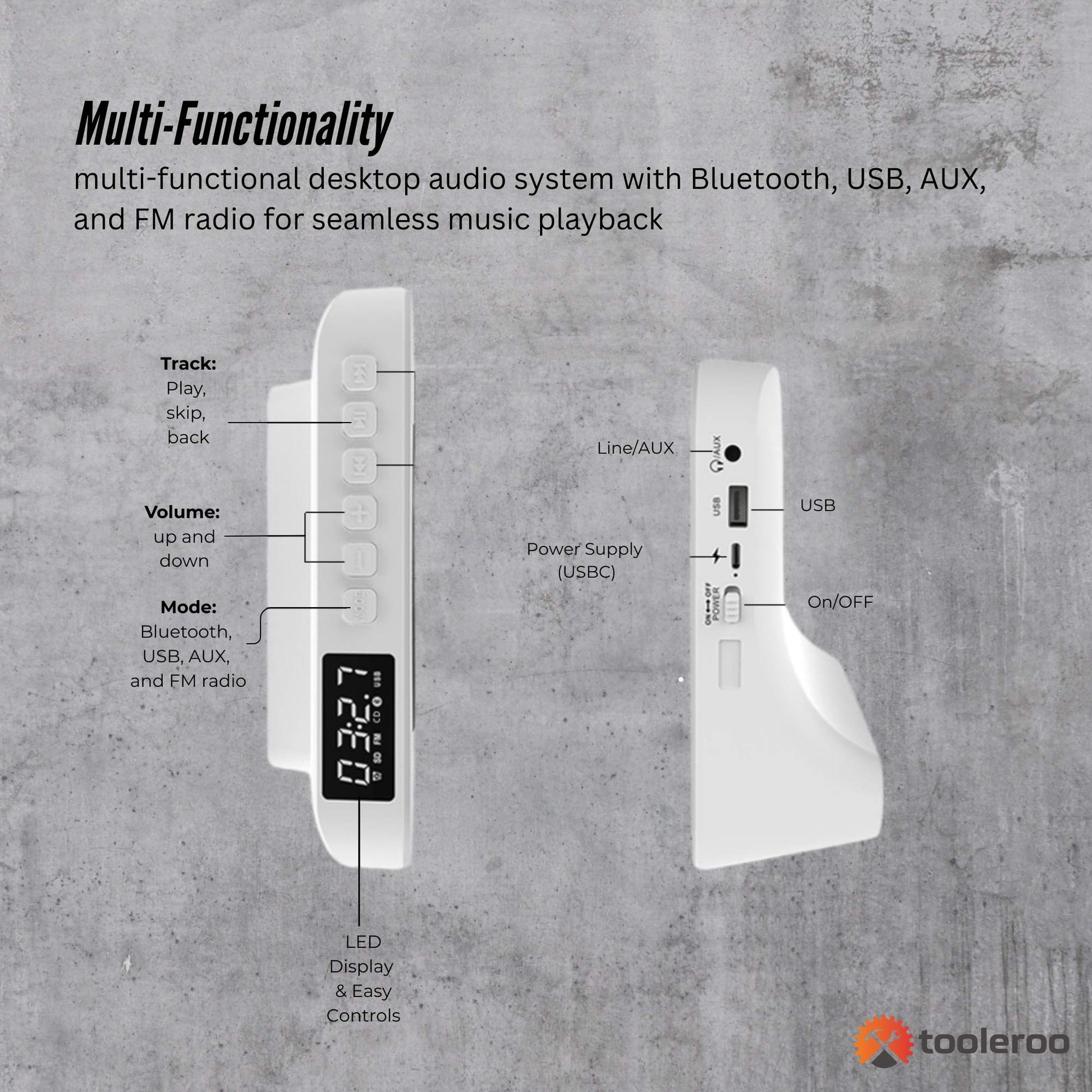 Tooleroo USB Rechargeable Desktop CD Player Speaker – Bluetooth Portable White