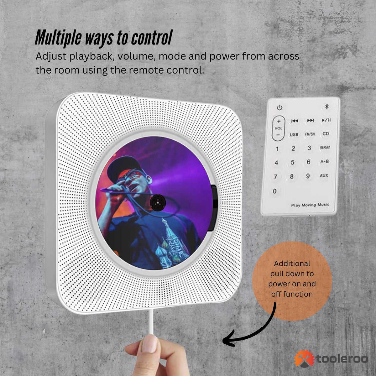 Tooleroo Wall Mount CD Player Bluetooth FM Radio USB AUX Speaker - White